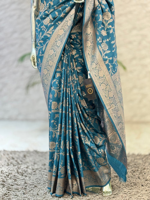 Elegant Teal Blue Silk Saree with Rich Antique Zari Floral Weaving q562729