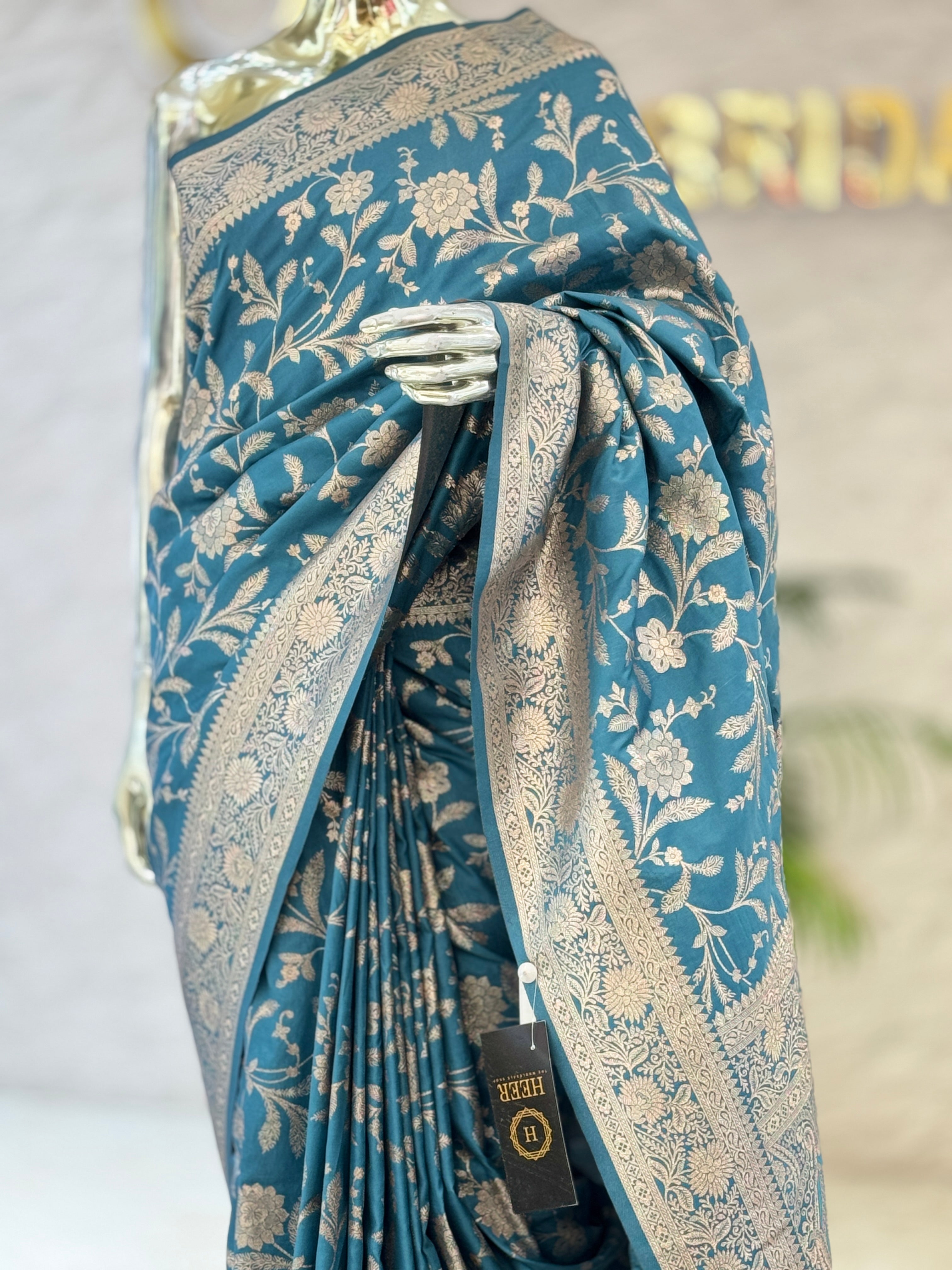 Elegant Teal Blue Silk Saree with Rich Antique Zari Floral Weaving q562729