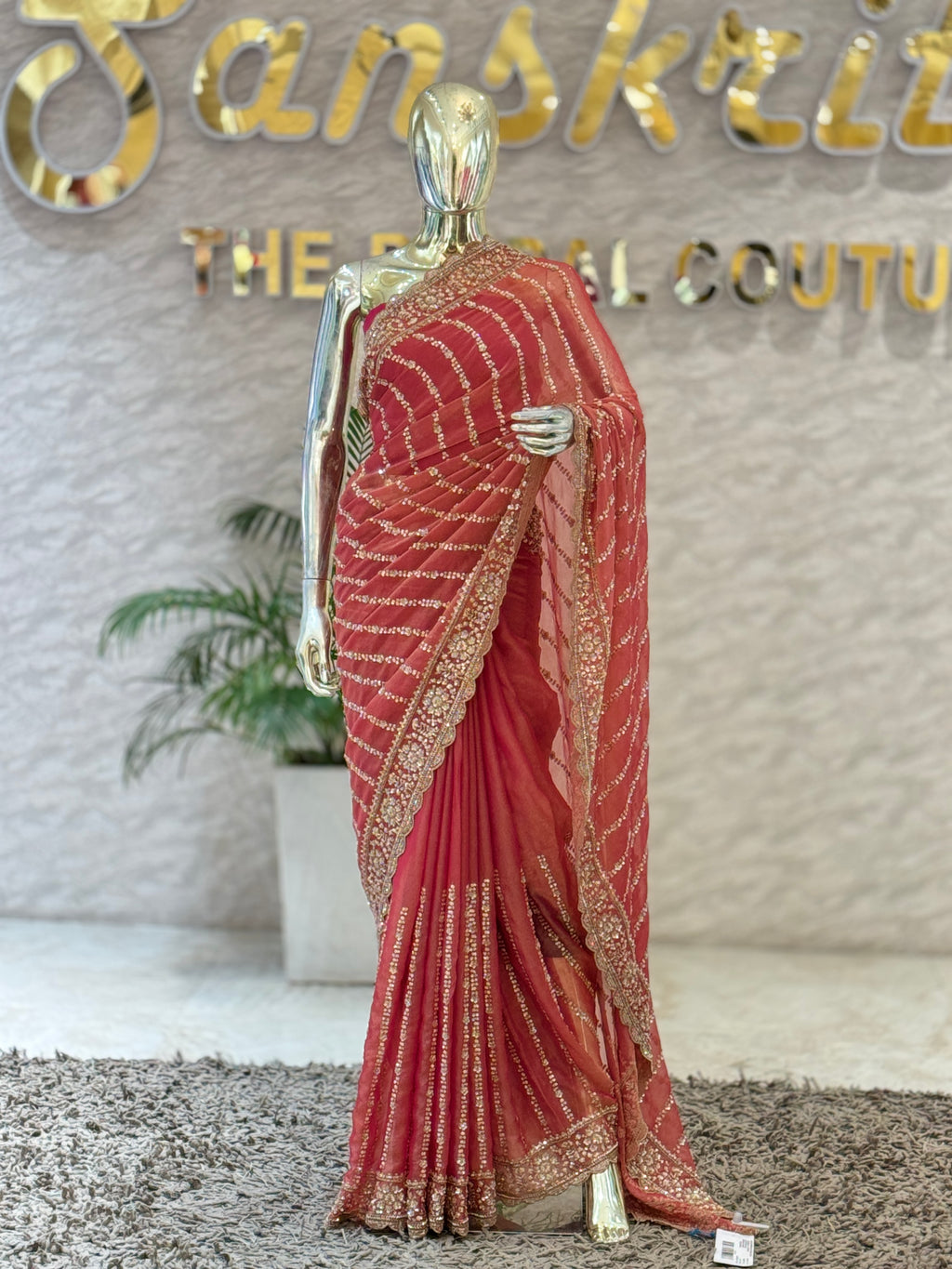 Designer Peach-Pink Jimmy Choo Fabric Saree with Heavy Sequin Hand Work q562539