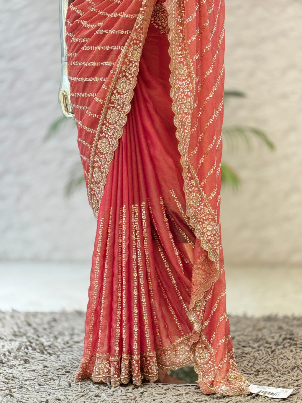 Designer Peach-Pink Jimmy Choo Fabric Saree with Heavy Sequin Hand Work q562539