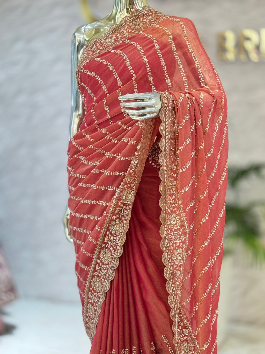 Designer Peach-Pink Jimmy Choo Fabric Saree with Heavy Sequin Hand Work q562539
