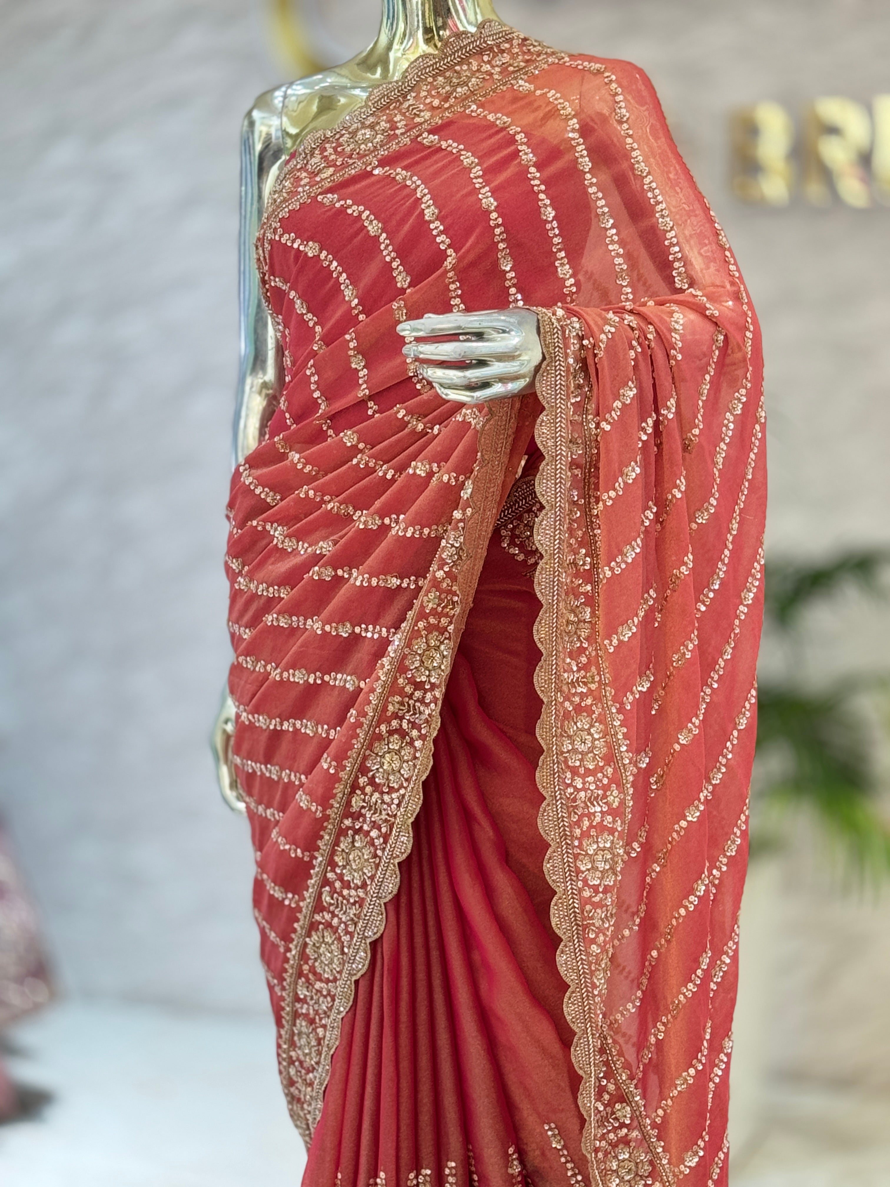 Designer Peach-Pink Jimmy Choo Fabric Saree with Heavy Sequin Hand Work q562539