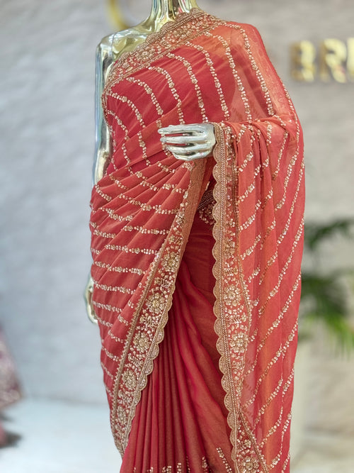 Designer Peach-Pink Jimmy Choo Fabric Saree with Heavy Sequin Hand Work q562539
