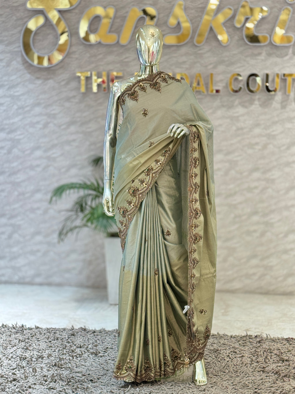 Pista & Sea Green Dual-Tone handwork saree Q562727