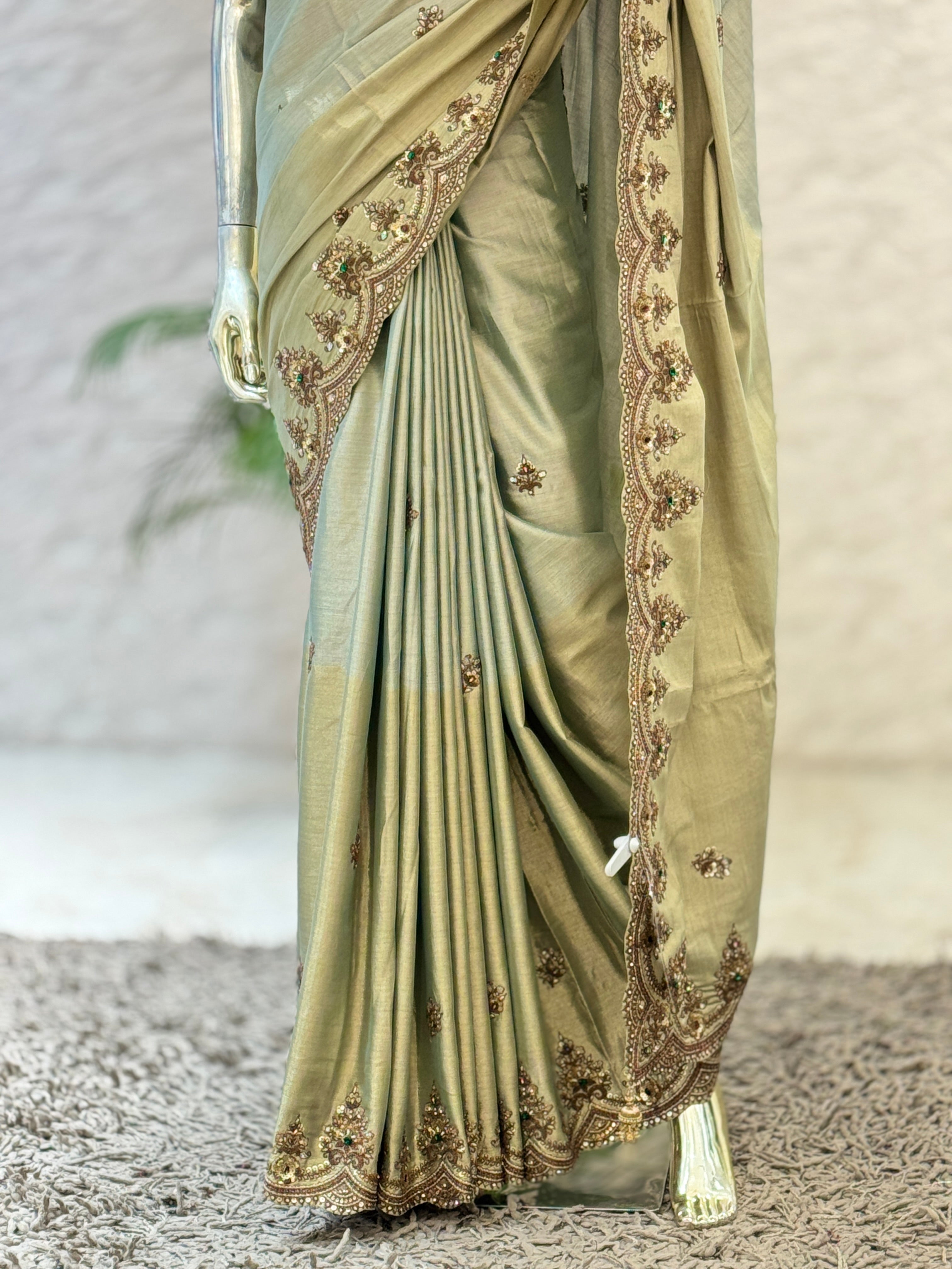 Pista & Sea Green Dual-Tone handwork saree Q562727