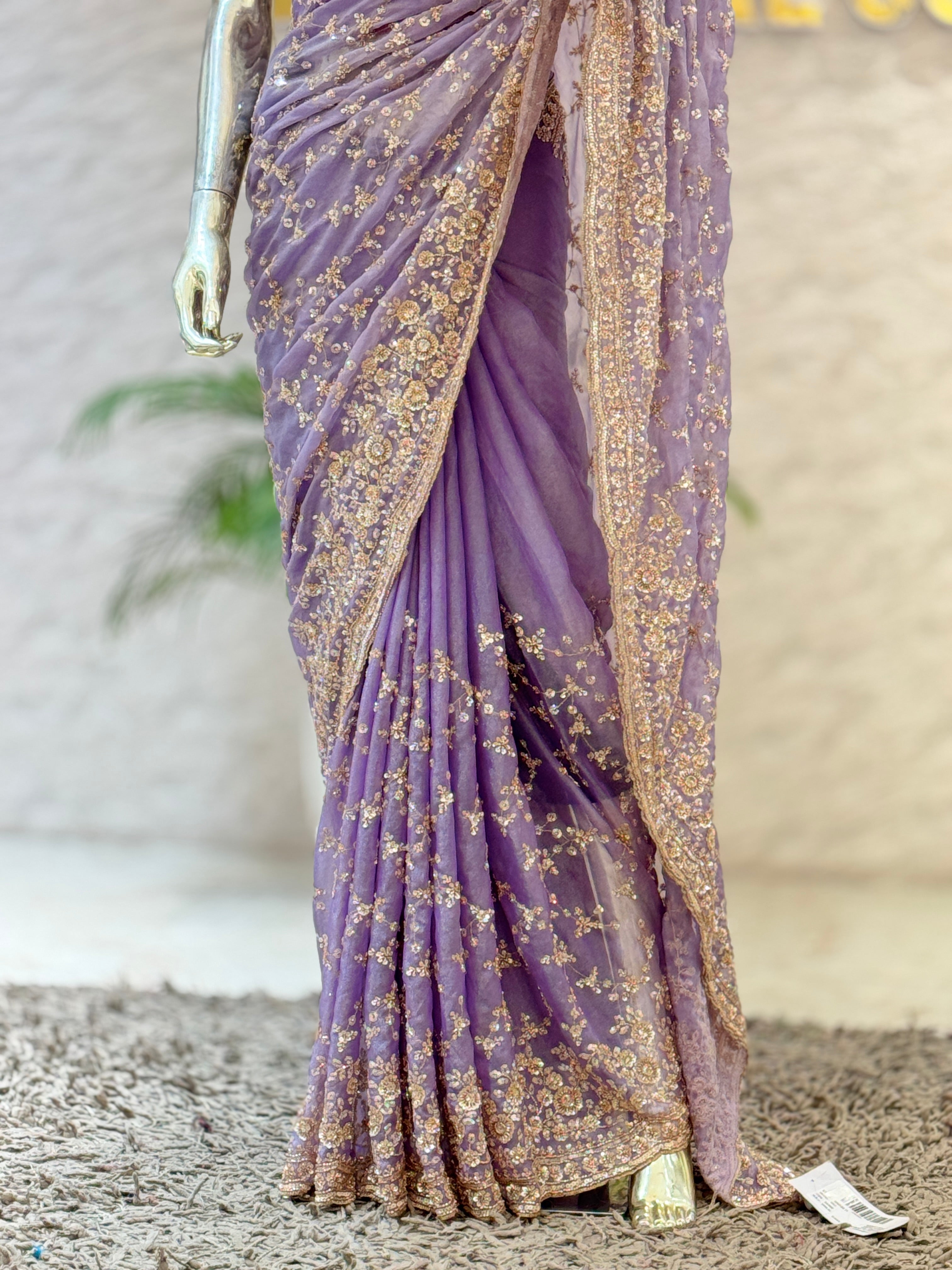 Royal Lavender Purple Hand-Embellished Silk Saree q562531
