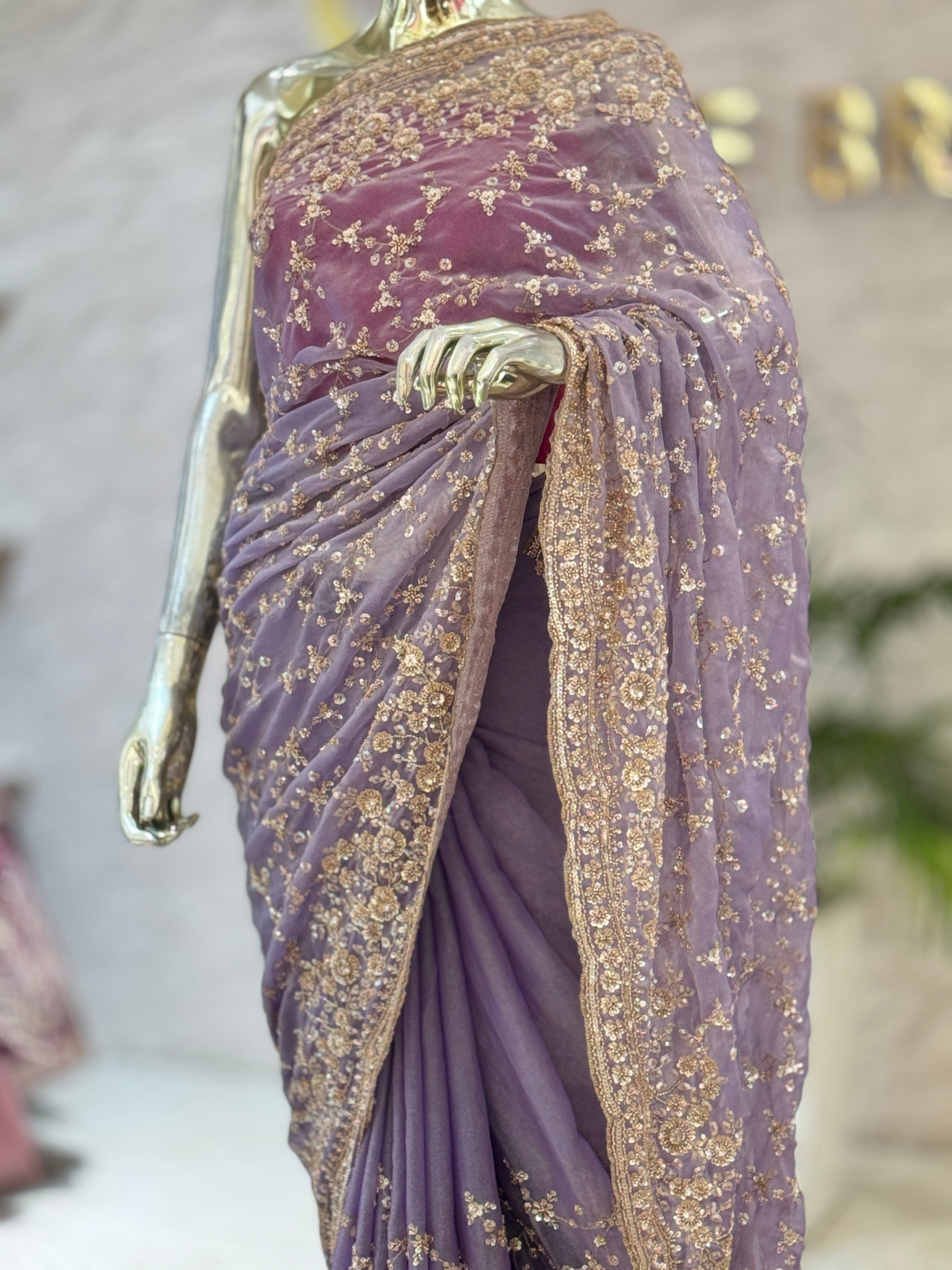Royal Lavender Purple Hand-Embellished Silk Saree q562531