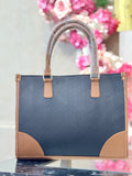 Q562495 Elegant Black Textured Tote Bag with Tan Handle Detail