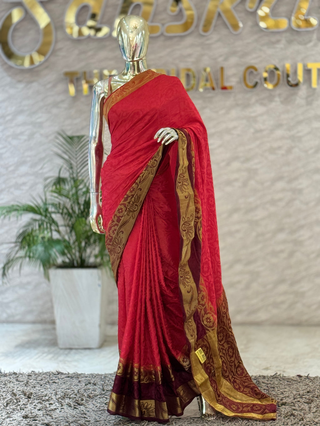Q562760 Elegant Pink & Wine Banarasi Style Saree with Golden Woven Border