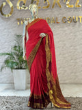 Q562760 Elegant Pink & Wine Banarasi Style Saree with Golden Woven Border