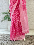 Q562135 Pink Zigzag Print Cotton Saree with Woven Border