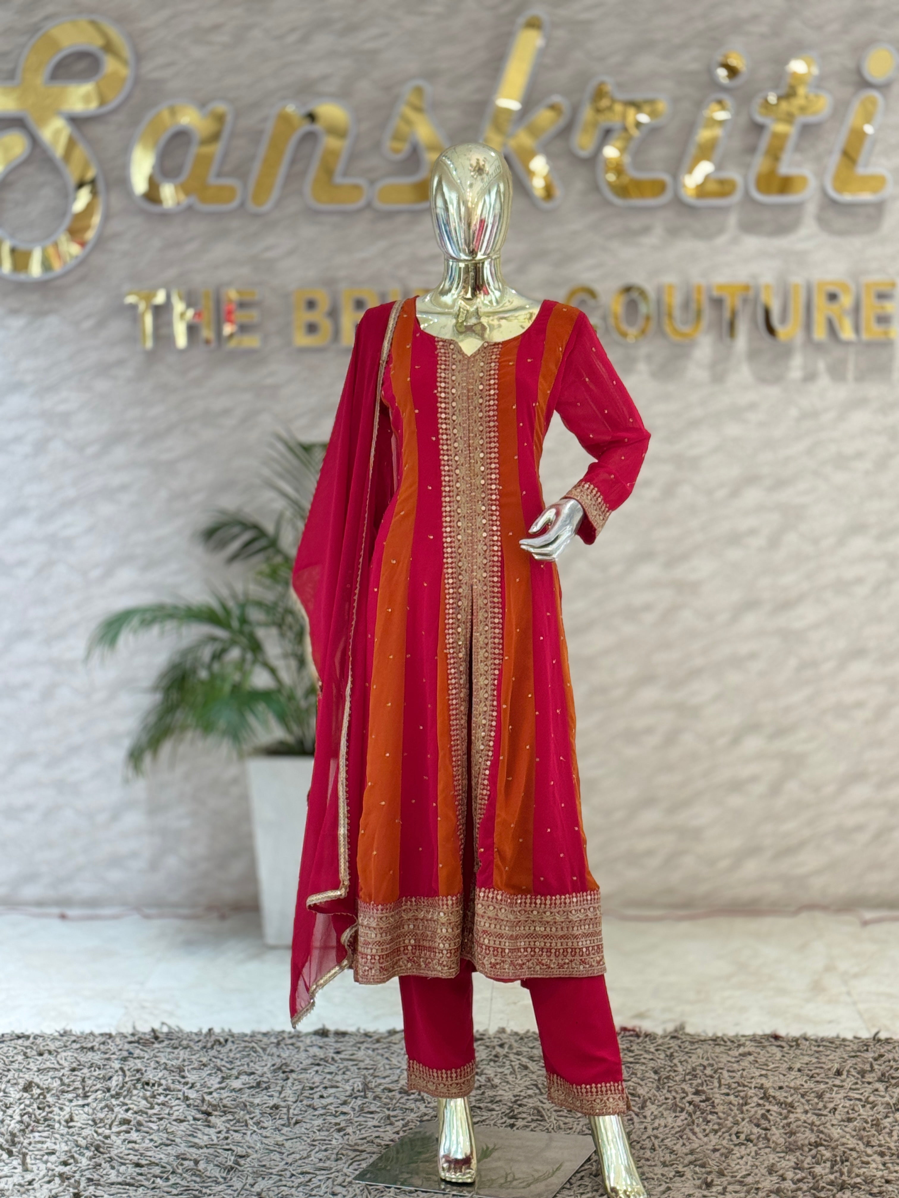 Vibrant Rani Pink & Orange Embroidered Front-Slit Suit Set q561254