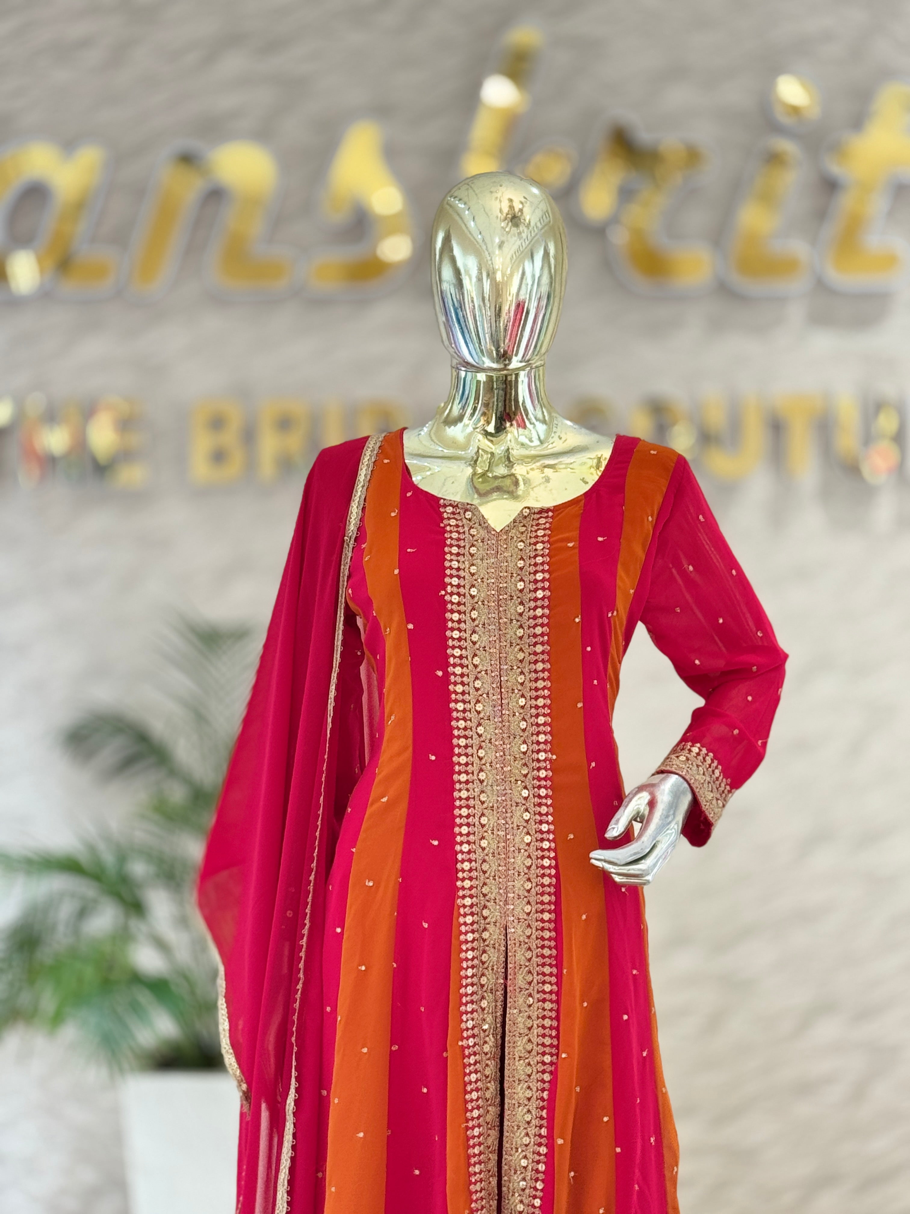 Vibrant Rani Pink & Orange Embroidered Front-Slit Suit Set q561254