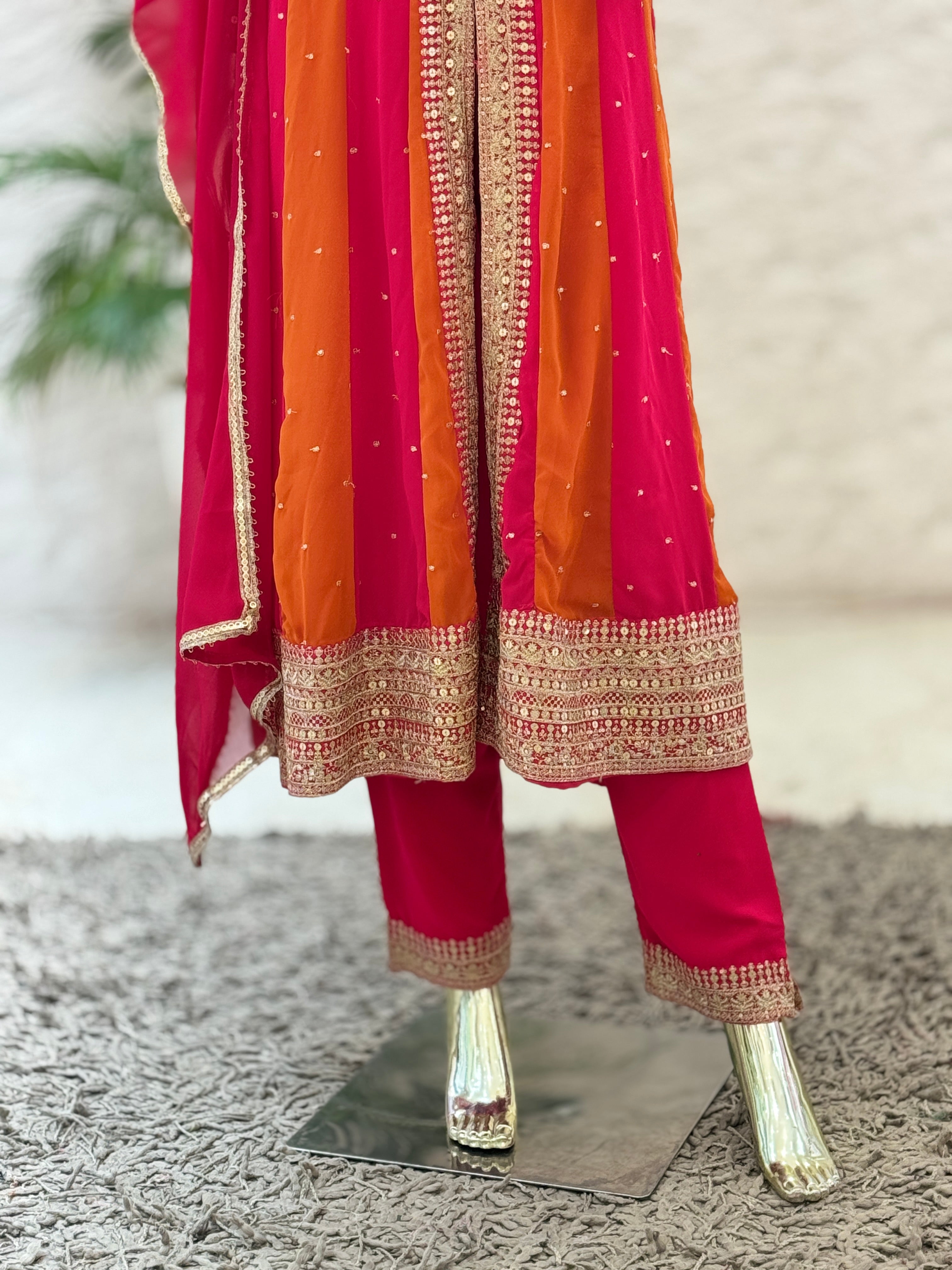 Vibrant Rani Pink & Orange Embroidered Front-Slit Suit Set q561254