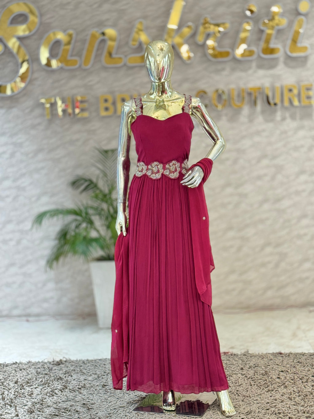 Elegant Wine Georgette Pleated Gown with Embellished Beltq56606