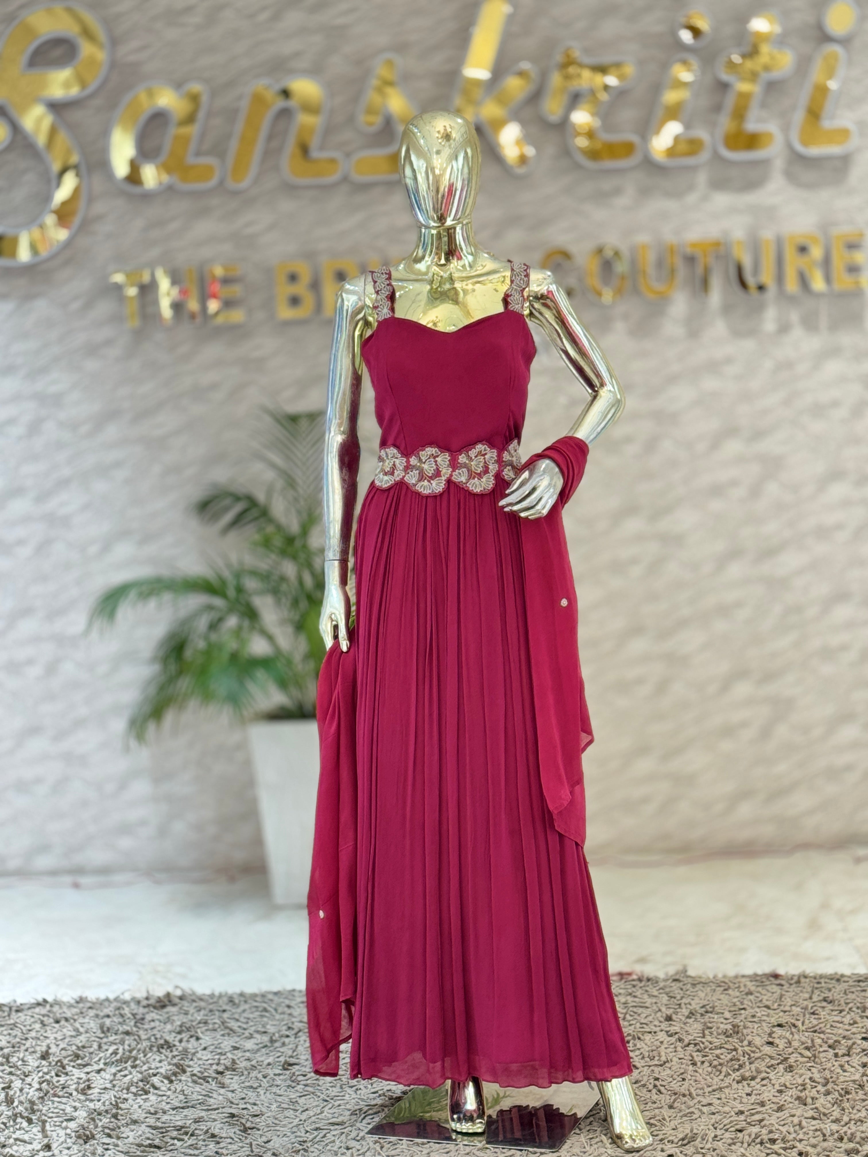 Elegant Wine Georgette Pleated Gown with Embellished Beltq56606