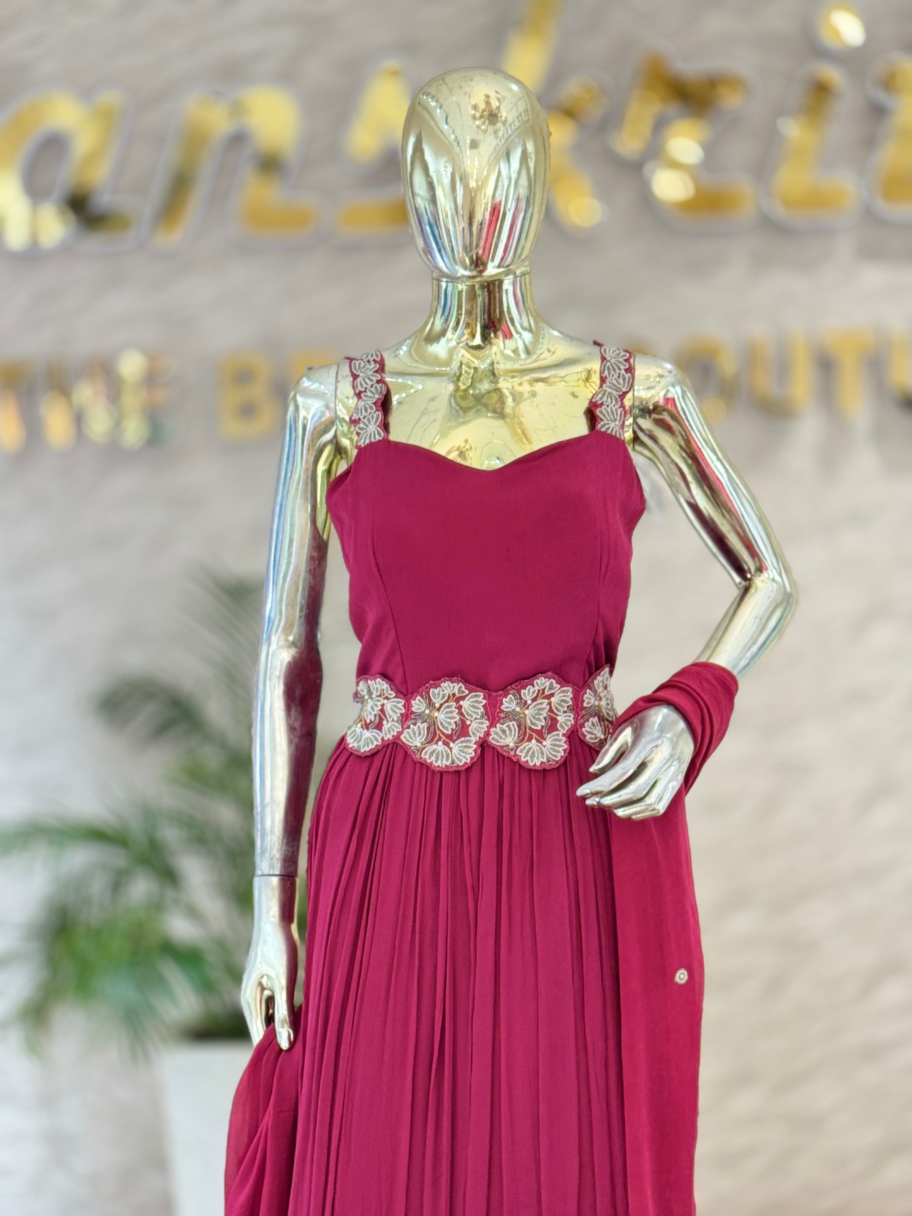 Elegant Wine Georgette Pleated Gown with Embellished Beltq56606