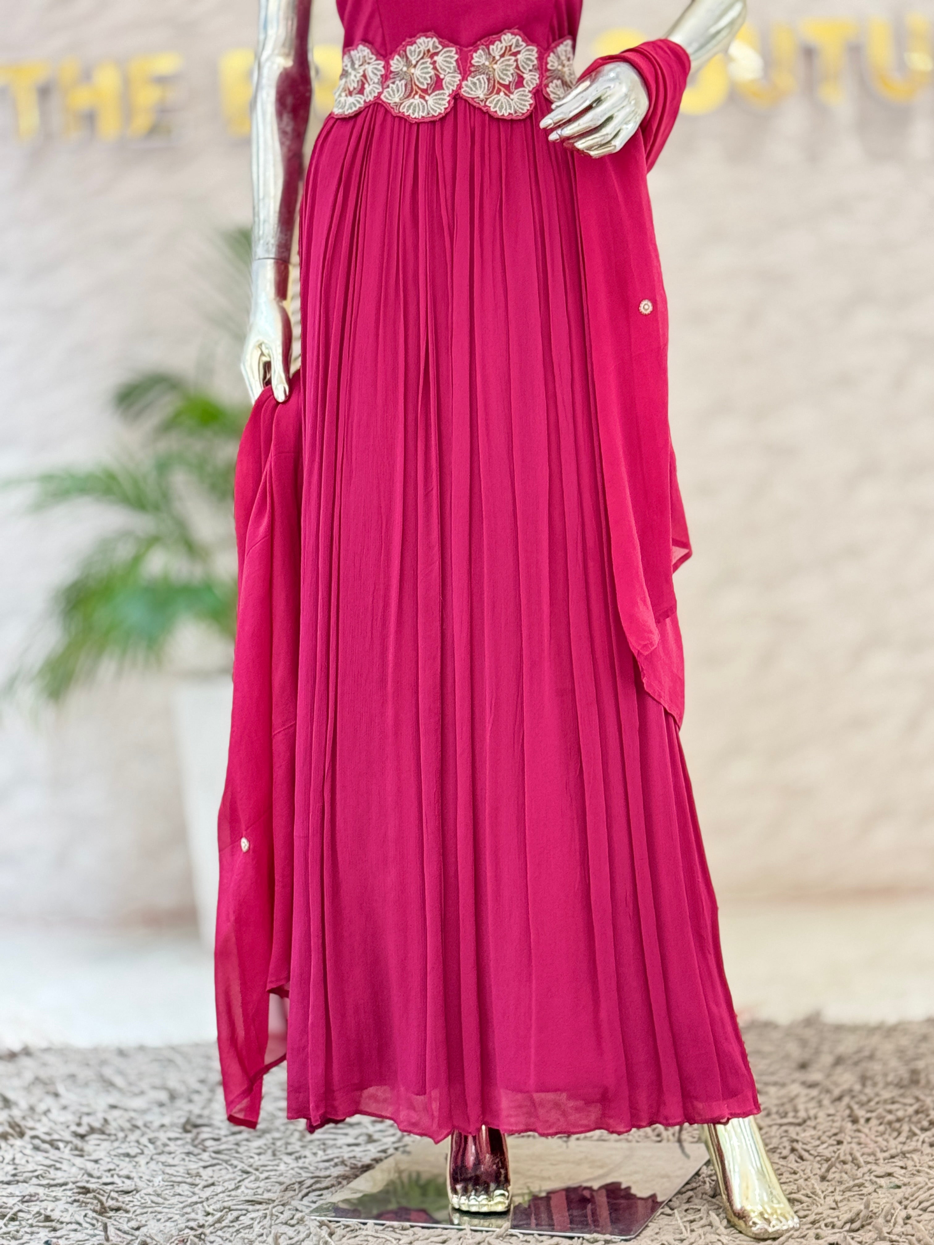 Elegant Wine Georgette Pleated Gown with Embellished Beltq56606