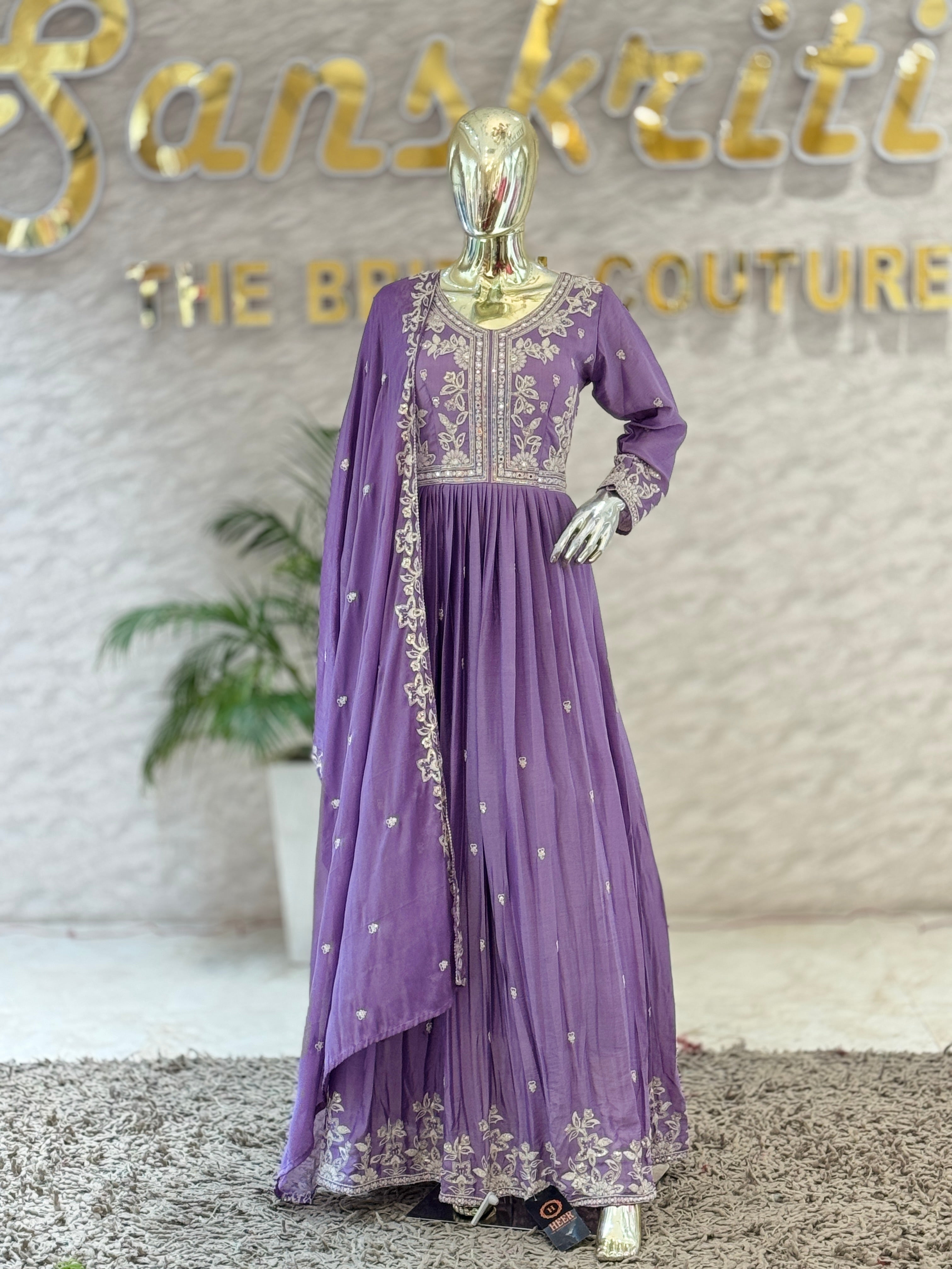 Elegant Mauve Purple Georgette Anarkali Gown with Matching Dupatta Set q562248