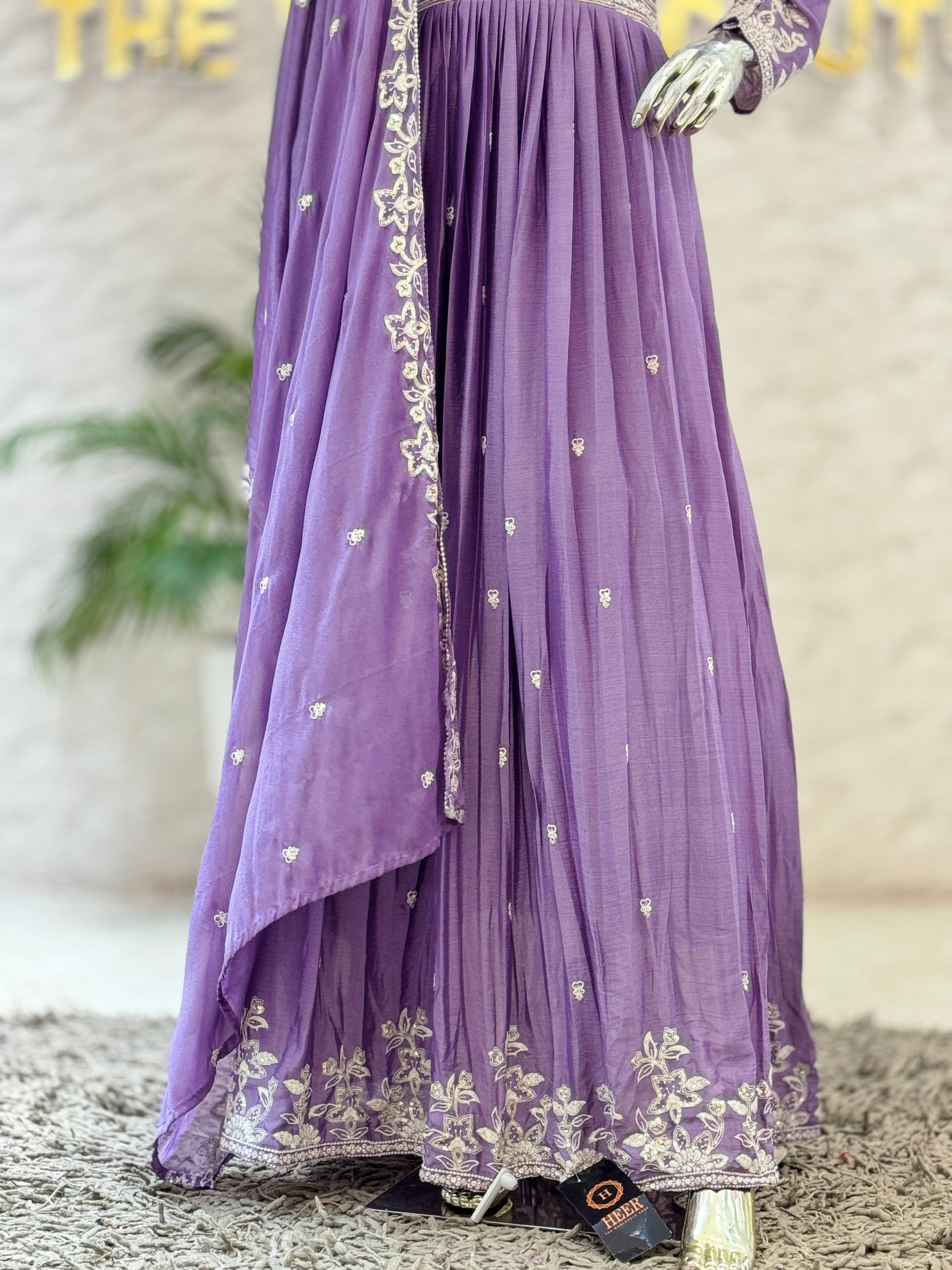 Elegant Mauve Purple Georgette Anarkali Gown with Matching Dupatta Set q562248