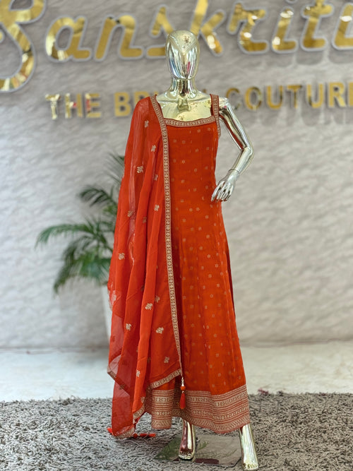 Elegant Rust Orange Printed Anarkali Gown with Embroidered Dupatta Set q562675
