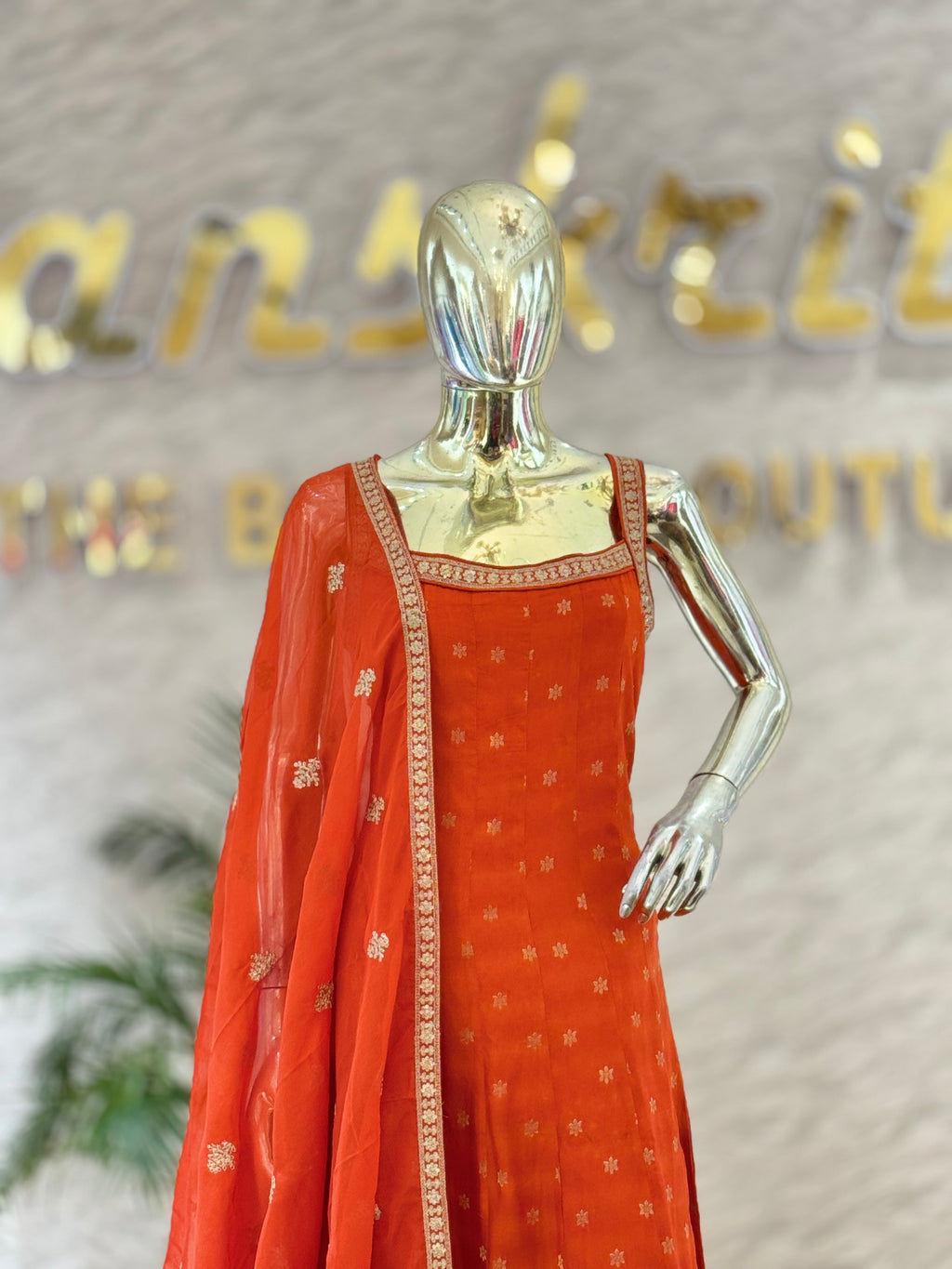 Elegant Rust Orange Printed Anarkali Gown with Embroidered Dupatta Set q562675