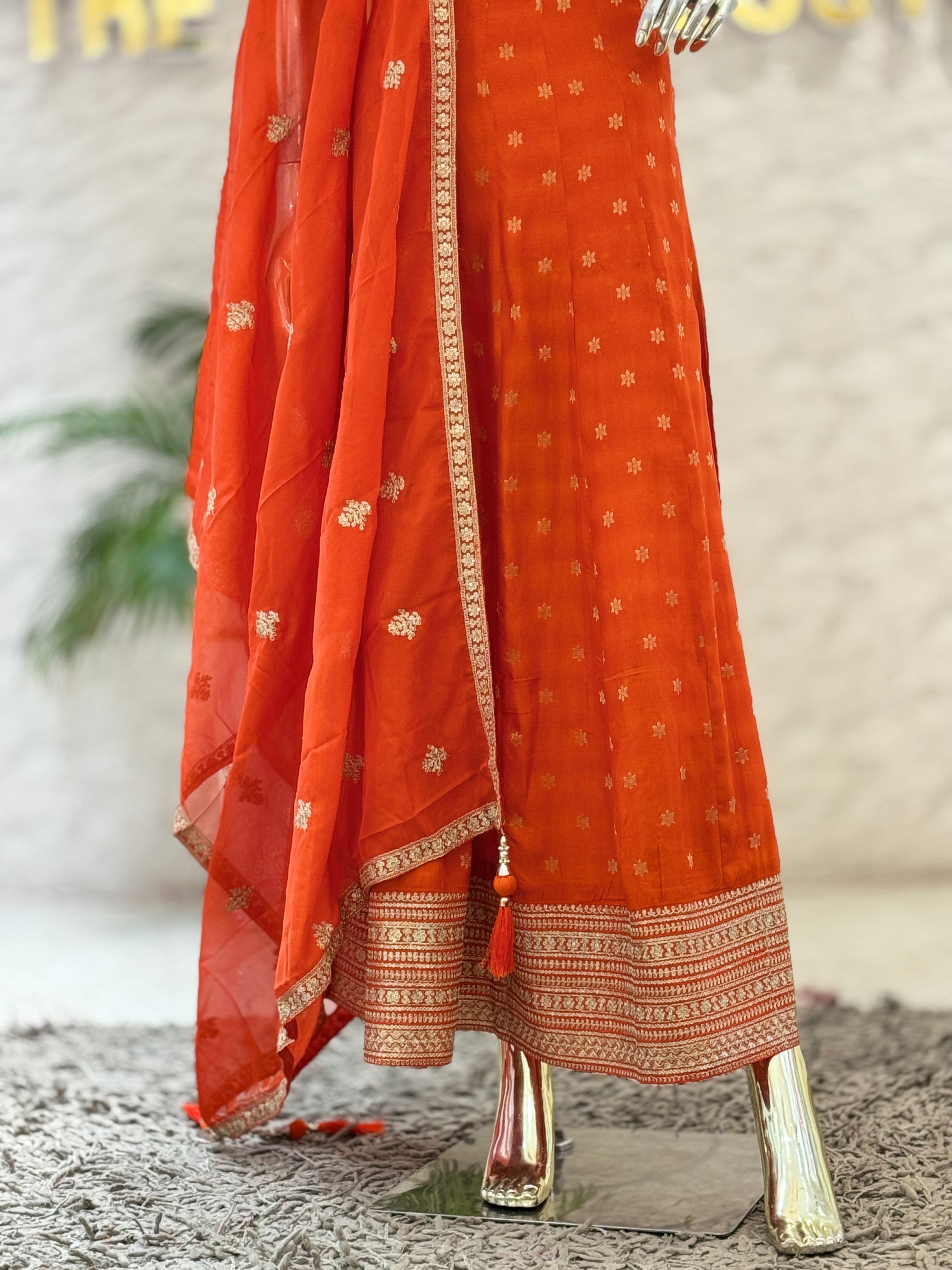 Elegant Rust Orange Printed Anarkali Gown with Embroidered Dupatta Set q562675