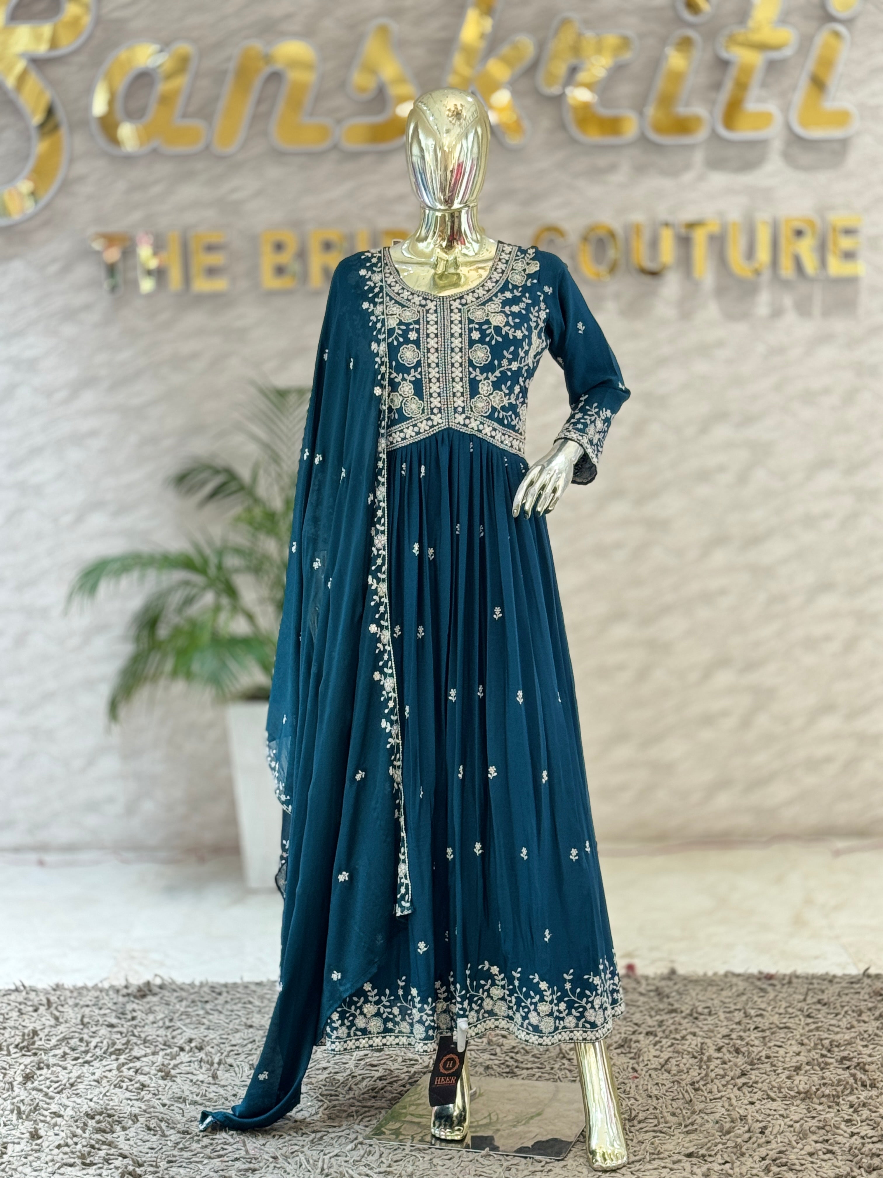 Exquisite Peacock Blue Georgette Embroidered Anarkali Gown with Dupatta Set q562255