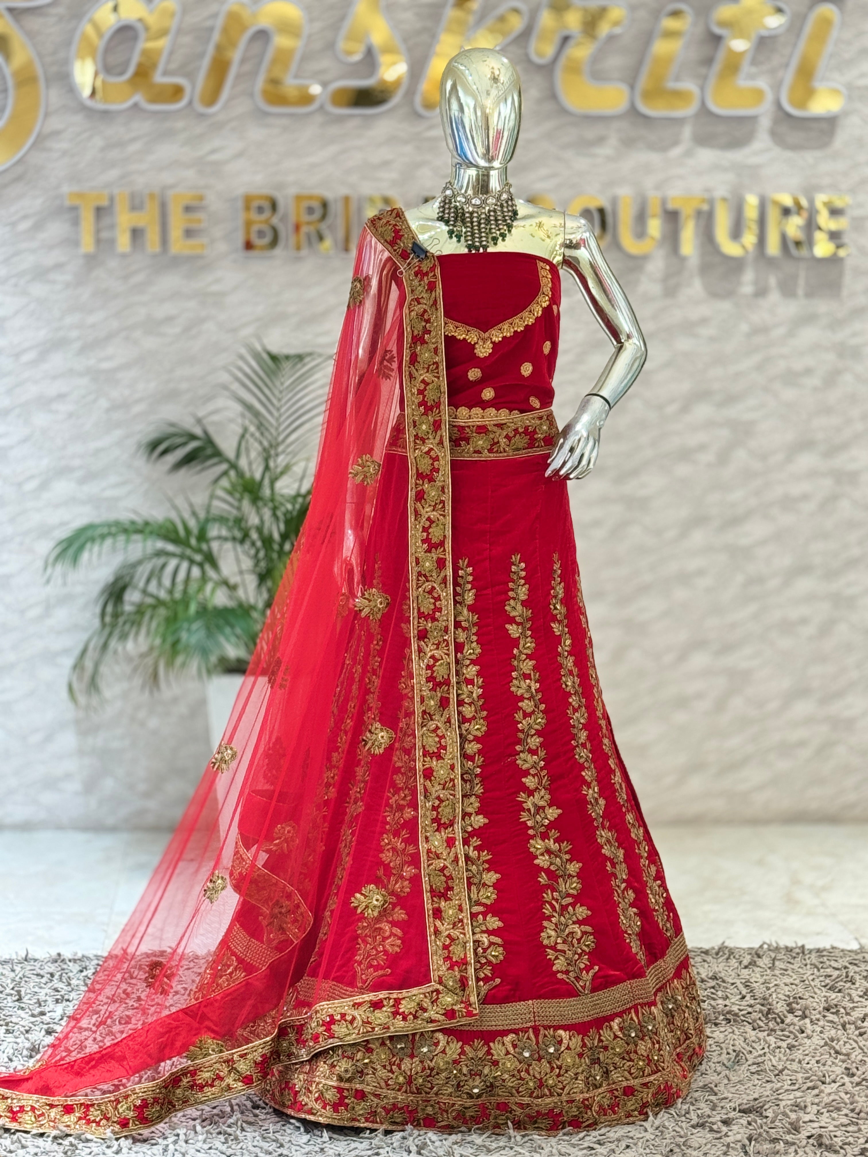 Regal Crimson Velvet Bridal Lehenga Choli 11939