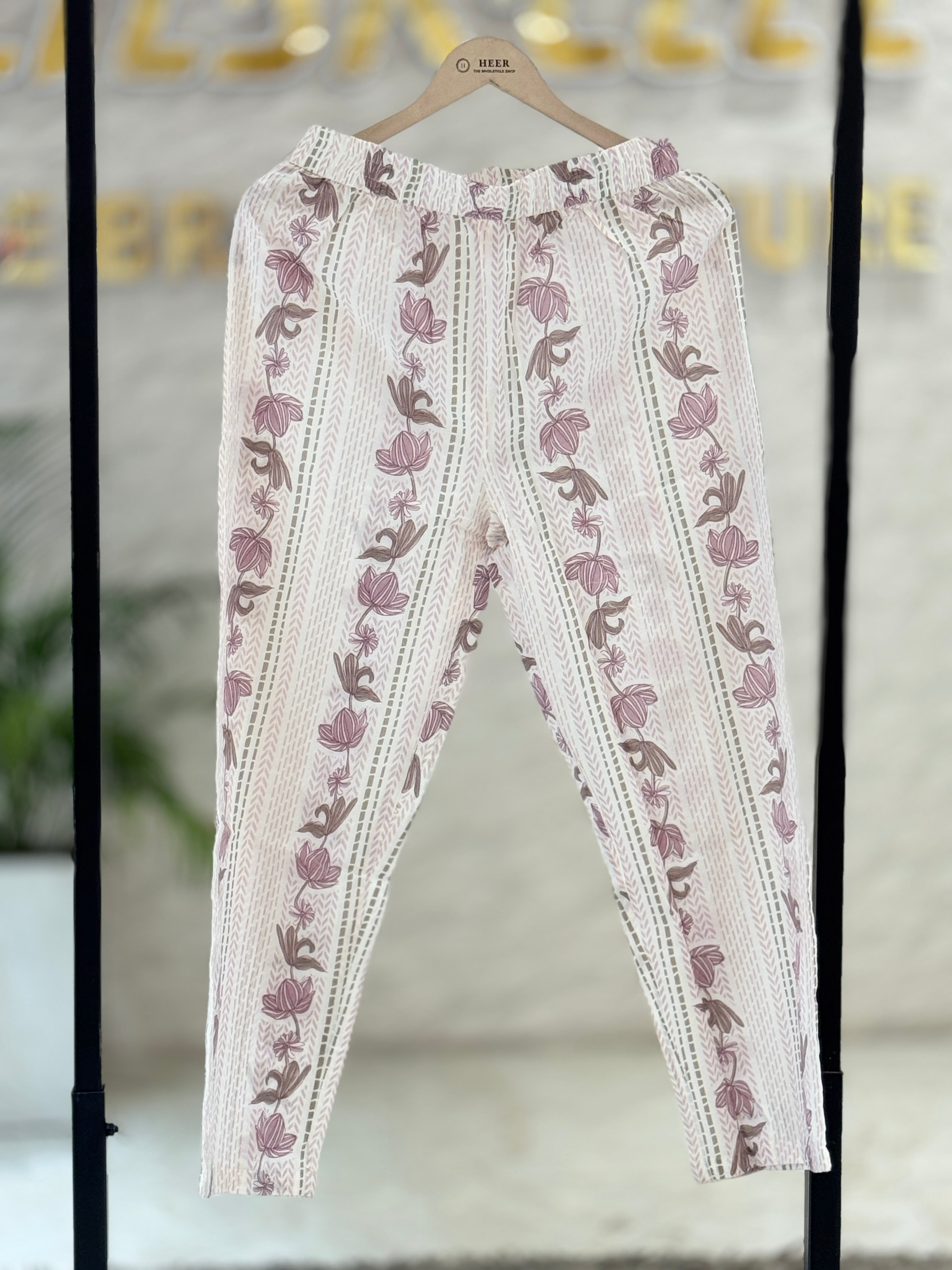 Mauve Floral Cotton Suit Set with Mirror-Work Neckline. q562835