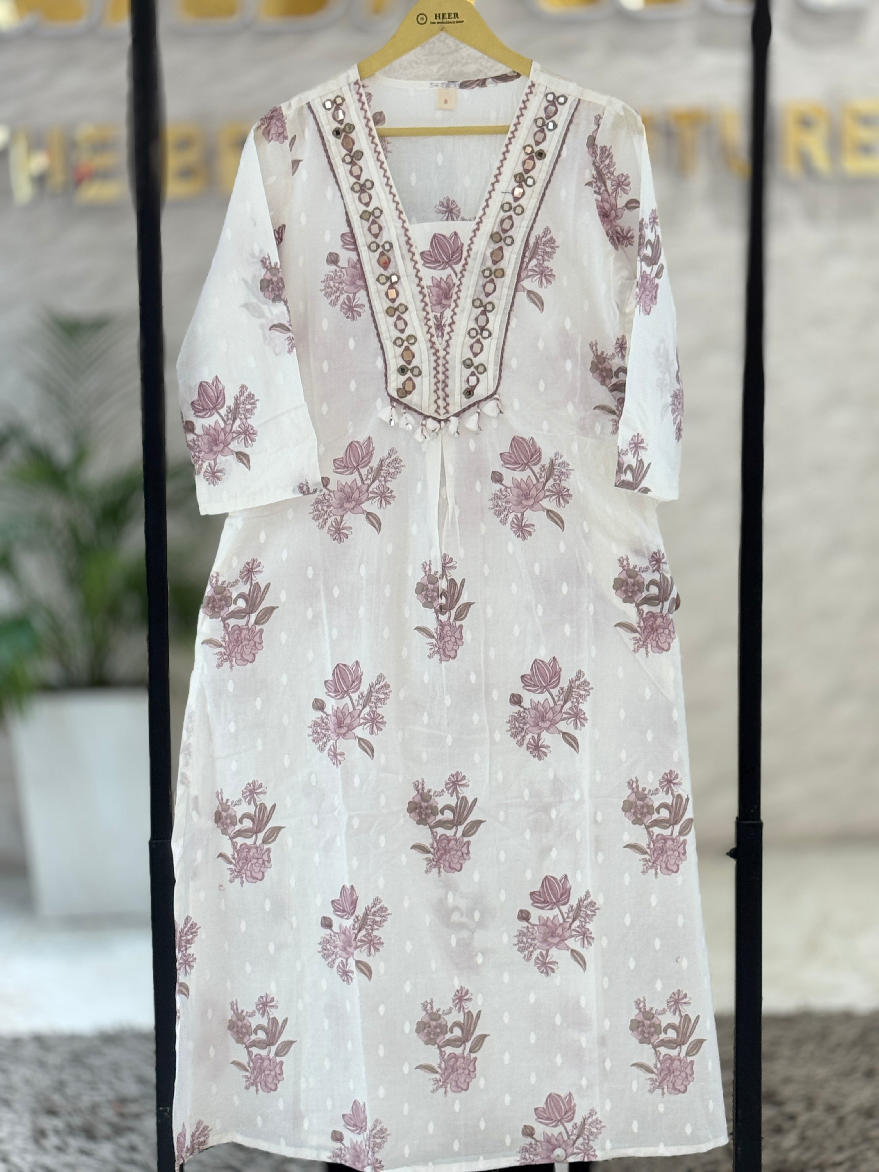 Mauve Floral Cotton Suit Set with Mirror-Work Neckline. q562835