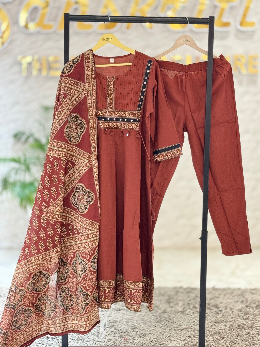 Premium Rust-Brown Hand-Block Printed Cotton Kurta Set with Ajrakh Dupatta q562836