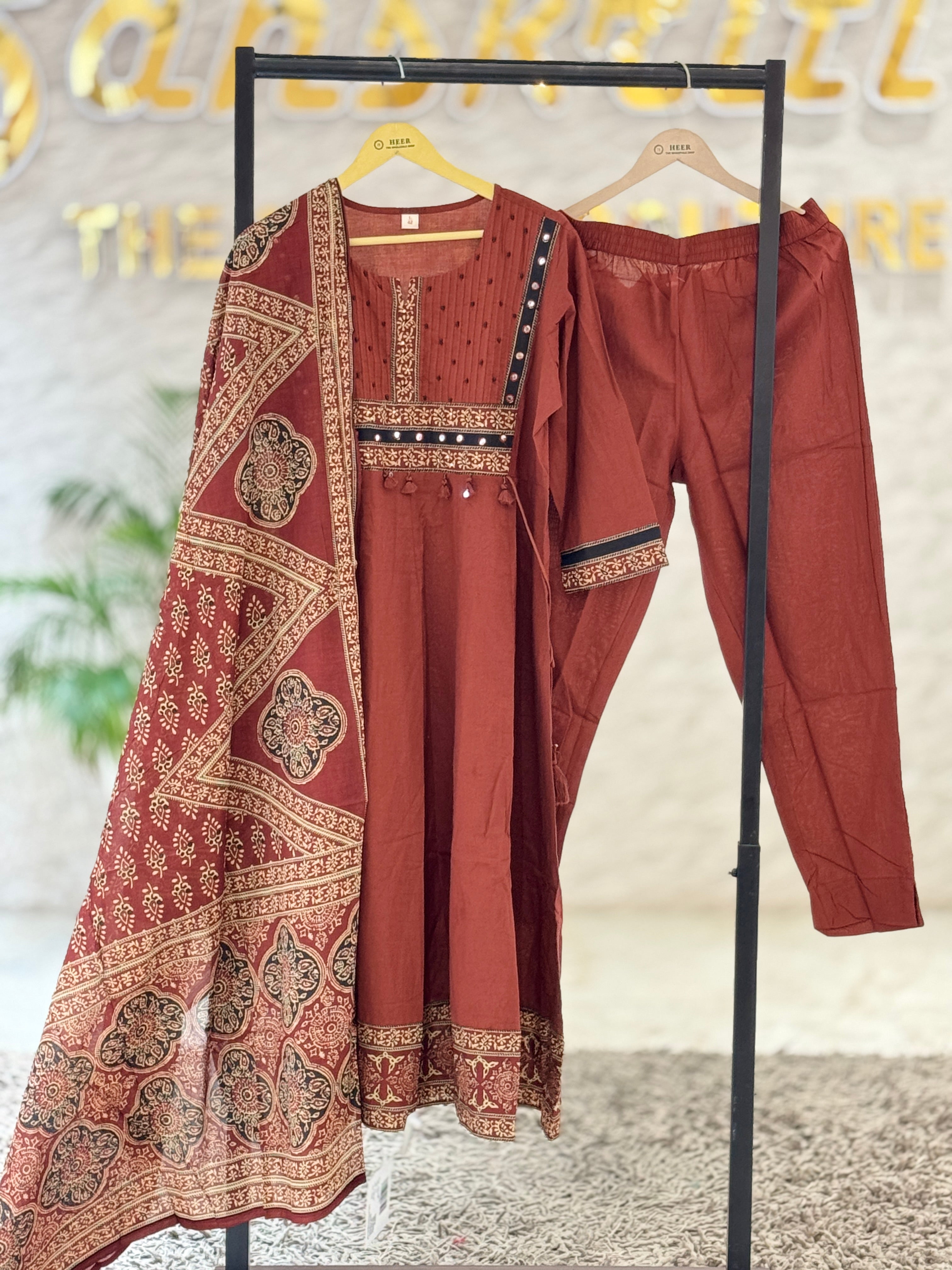Premium Rust-Brown Hand-Block Printed Cotton Kurta Set with Ajrakh Dupatta q562836