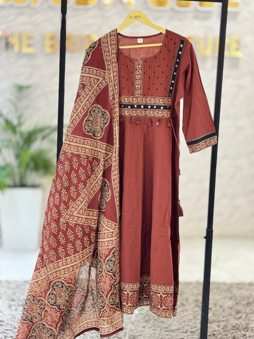 Premium Rust-Brown Hand-Block Printed Cotton Kurta Set with Ajrakh Dupatta q562836