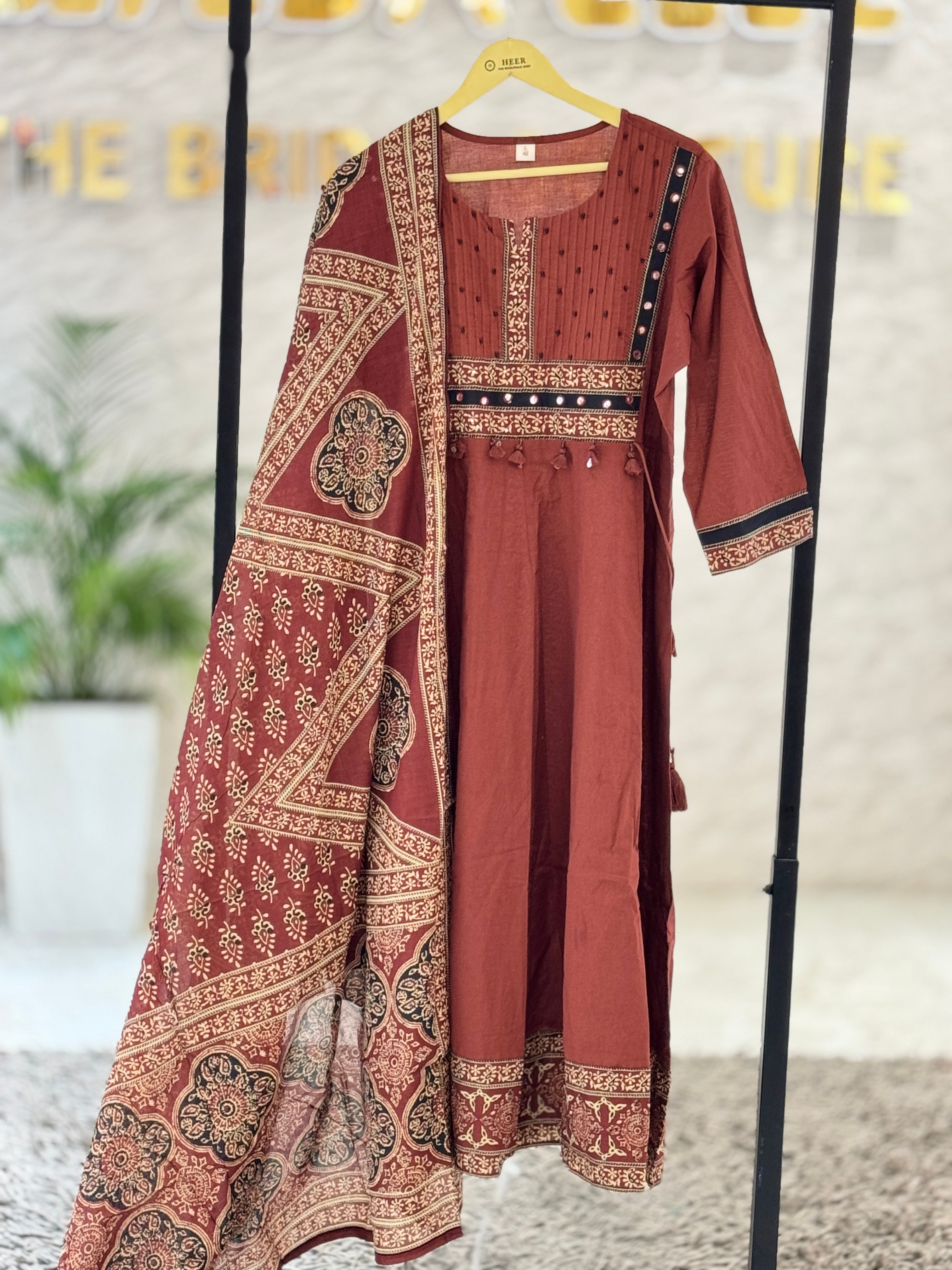 Premium Rust-Brown Hand-Block Printed Cotton Kurta Set with Ajrakh Dupatta q562836