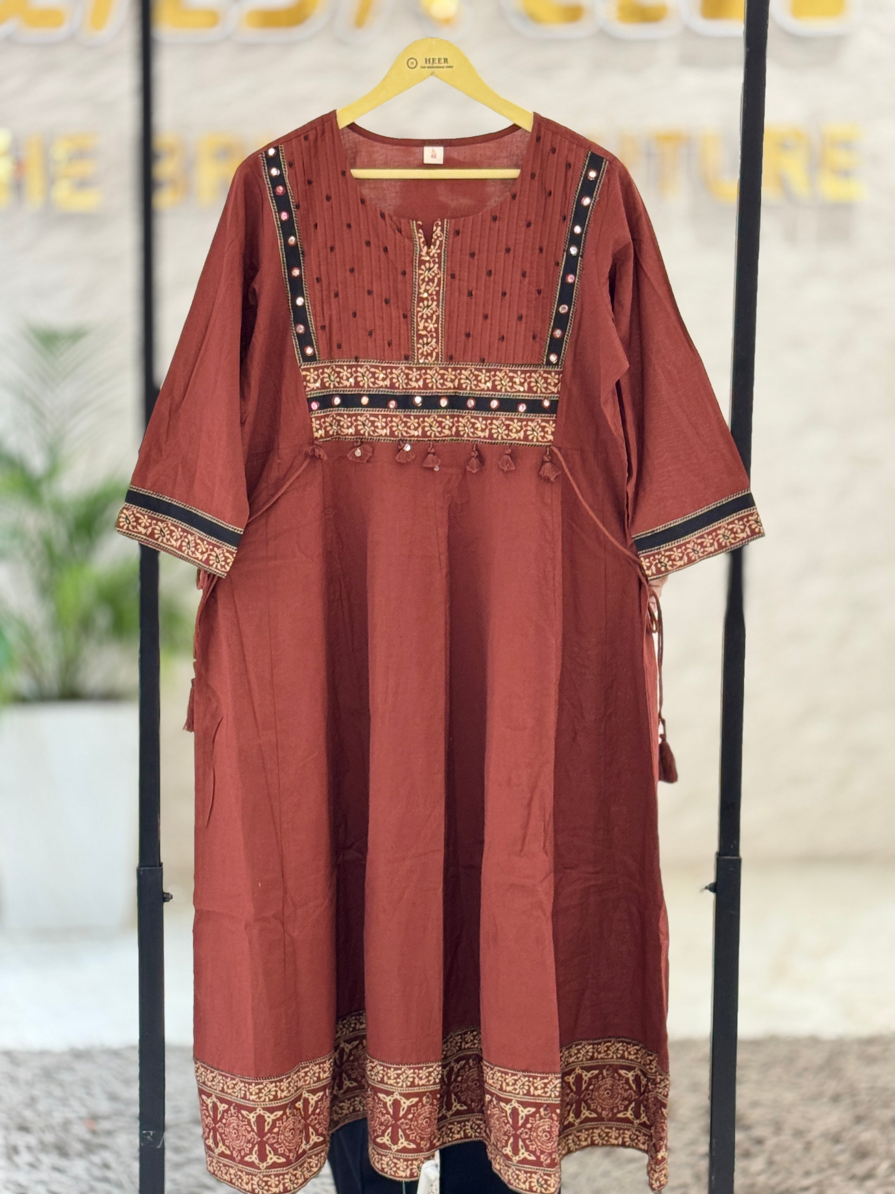 Premium Rust-Brown Hand-Block Printed Cotton Kurta Set with Ajrakh Dupatta q562836