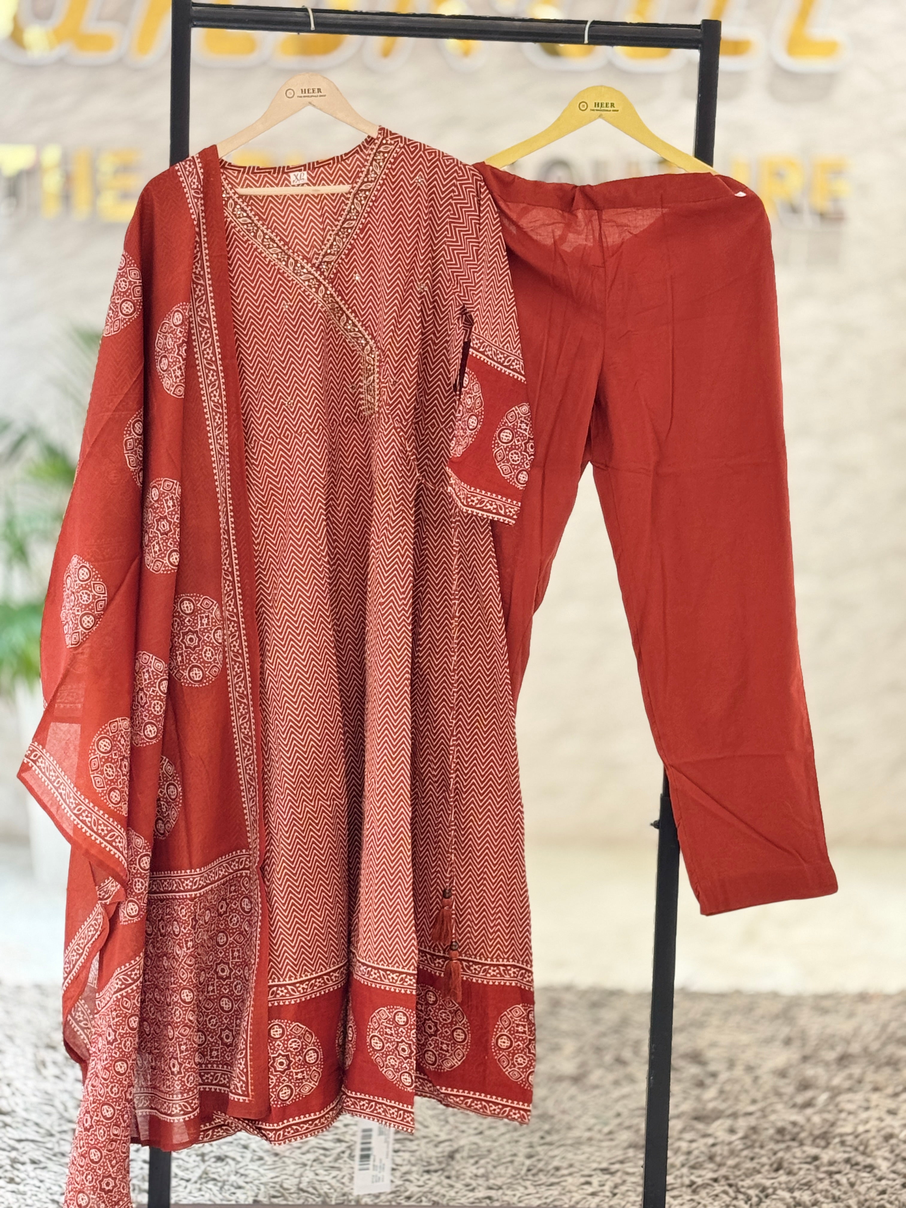 Premium Rust Red Handblock Printed Cotton Kurta Set q562783