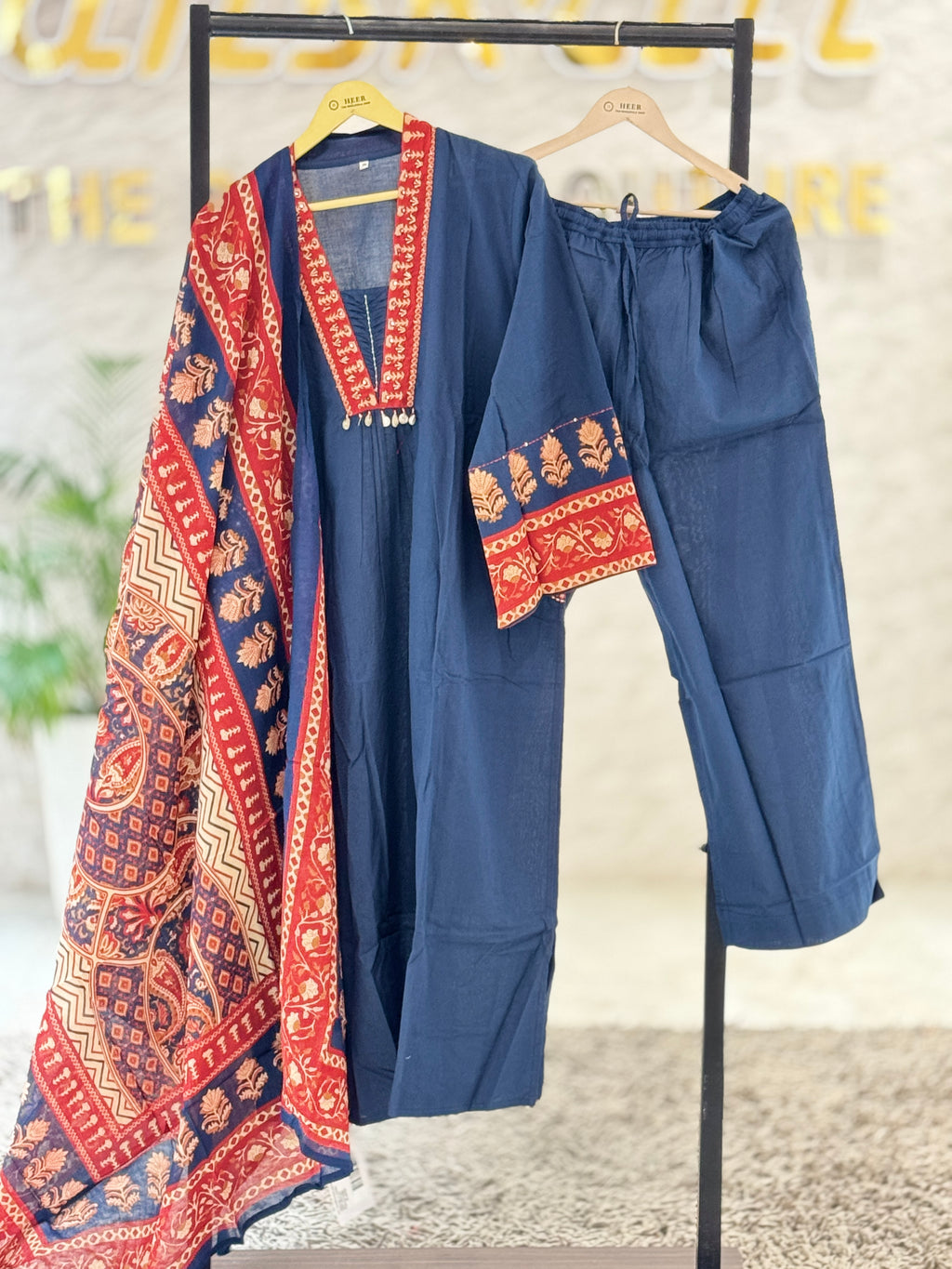 Premium Dark Blue Hand-Block Printed Cotton Slub Kurta Set with Ajrakh Dupatta q562809
