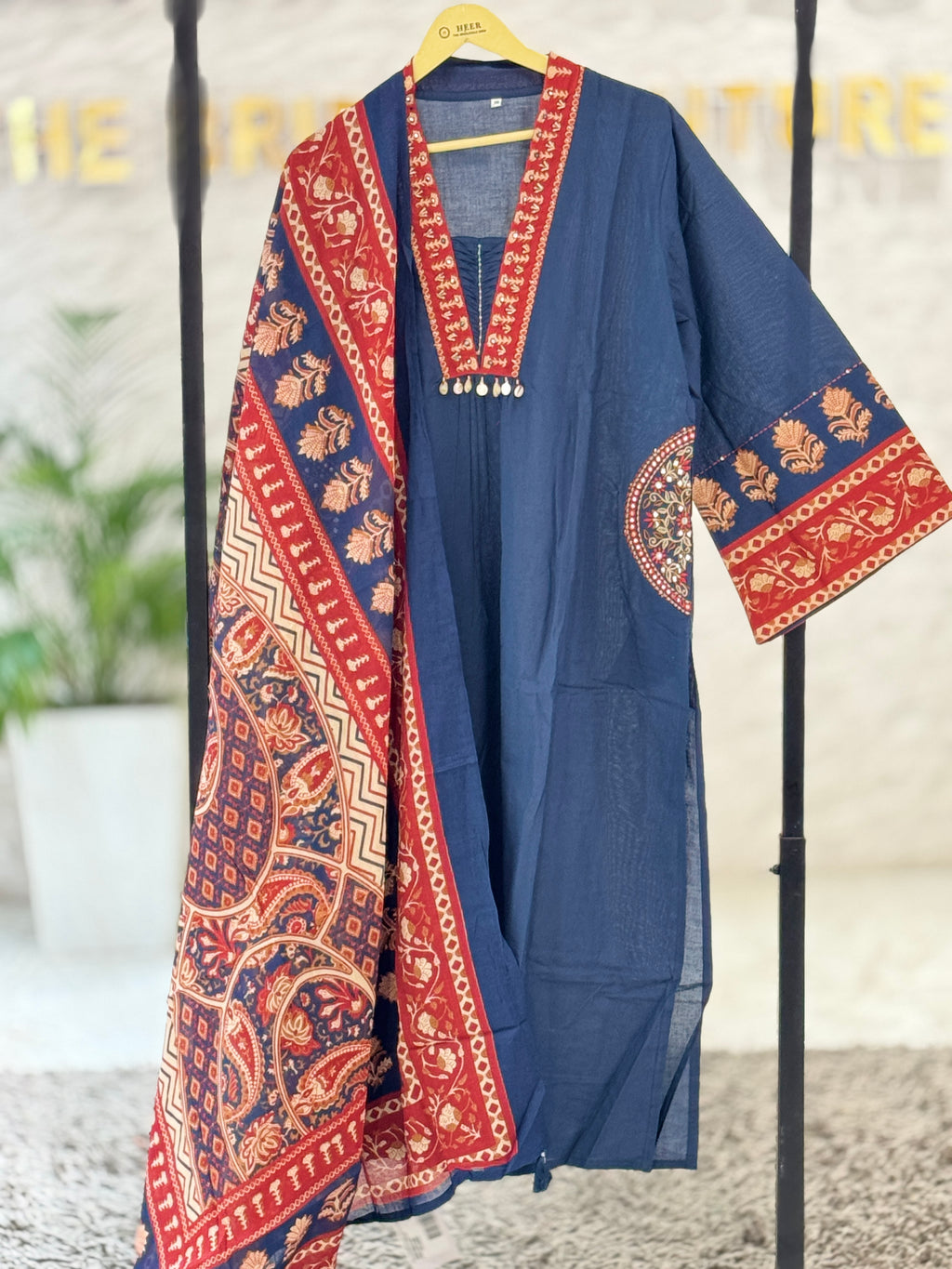 Premium Dark Blue Hand-Block Printed Cotton Slub Kurta Set with Ajrakh Dupatta q562809