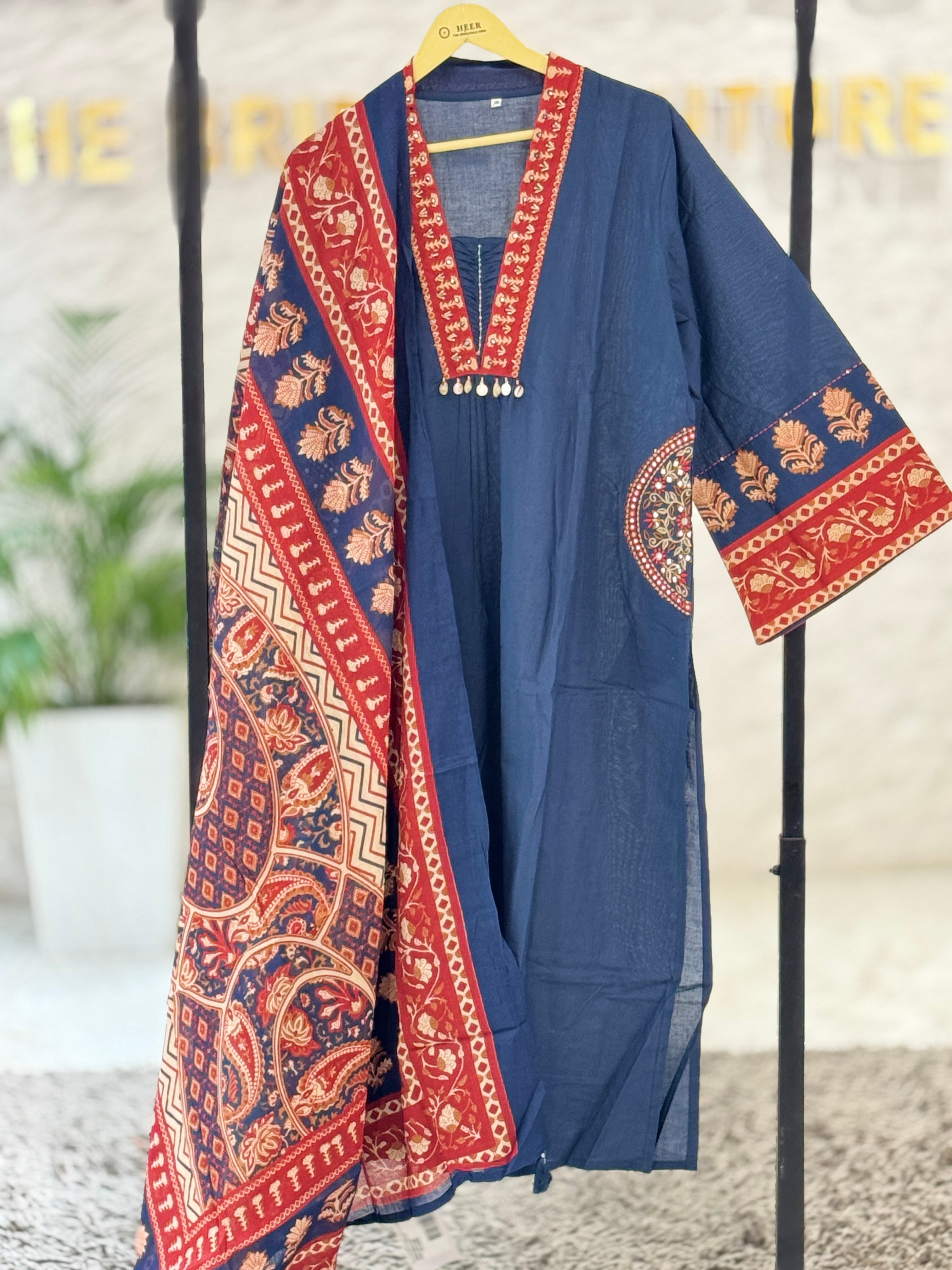 Premium Dark Blue Hand-Block Printed Cotton Slub Kurta Set with Ajrakh Dupatta q562809
