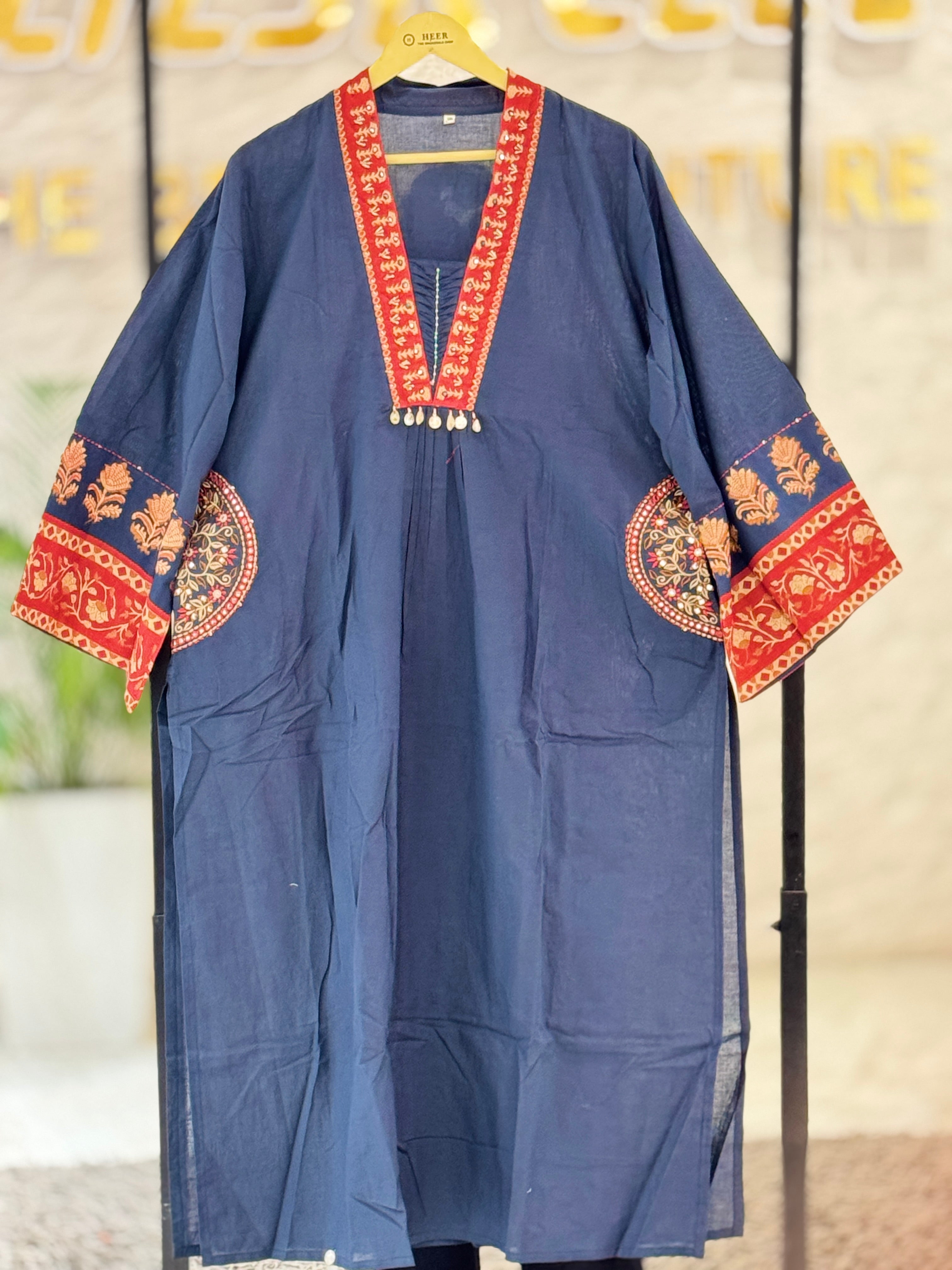 Premium Dark Blue Hand-Block Printed Cotton Slub Kurta Set with Ajrakh Dupatta q562809