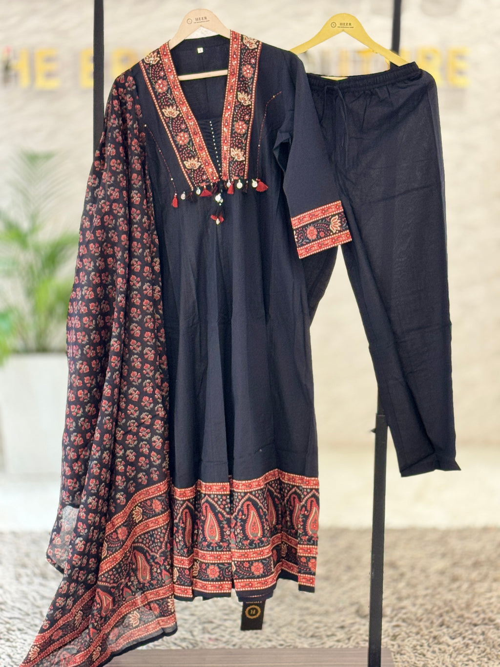 Classic Black Hand-Block Printed Cotton Suit Set with Traditional Red Ajrakh Border