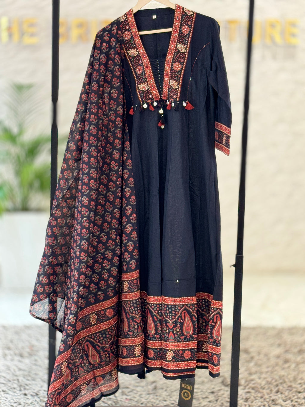 Classic Black Hand-Block Printed Cotton Suit Set with Traditional Red Ajrakh Border