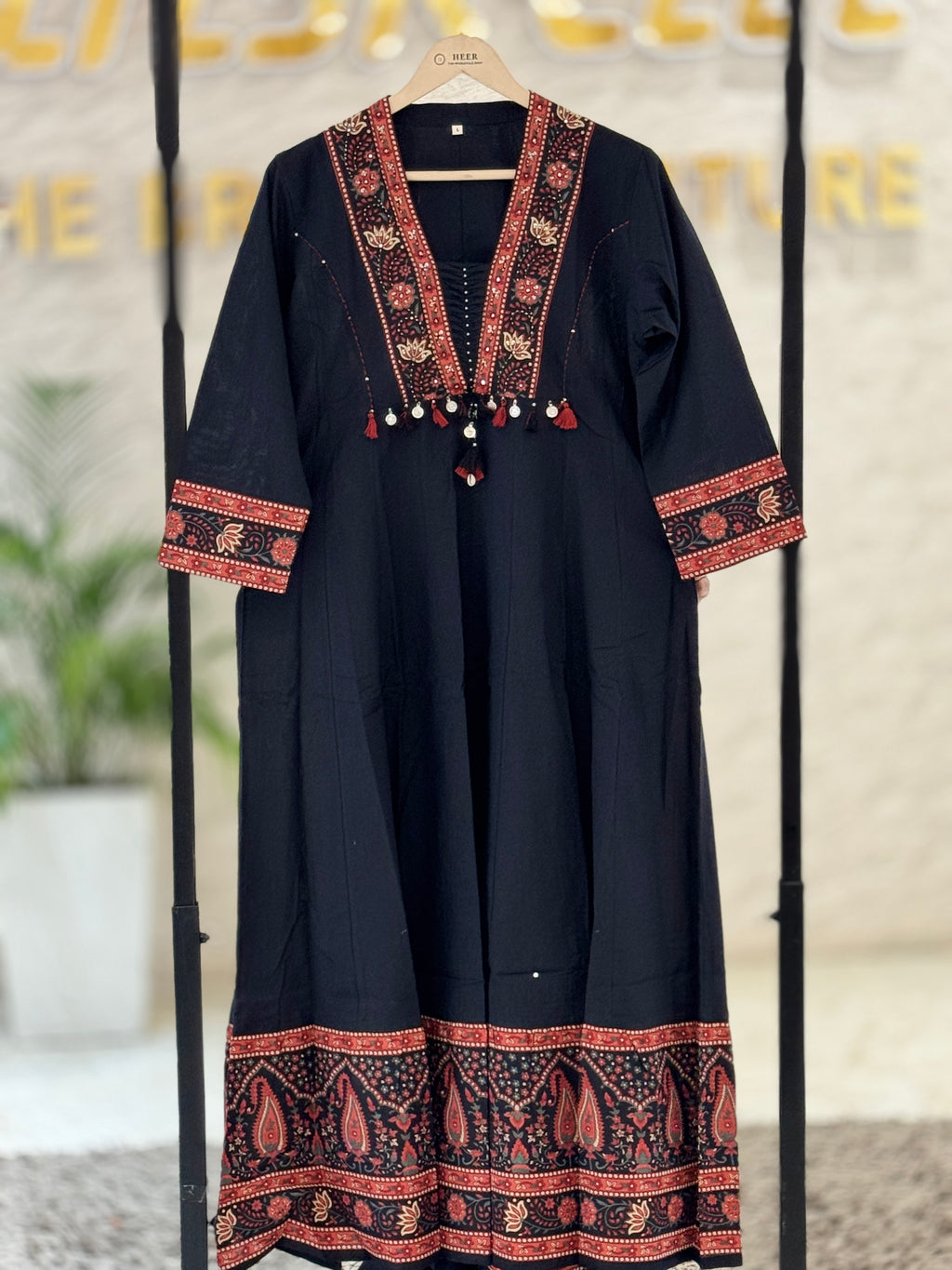 Classic Black Hand-Block Printed Cotton Suit Set with Traditional Red Ajrakh Border