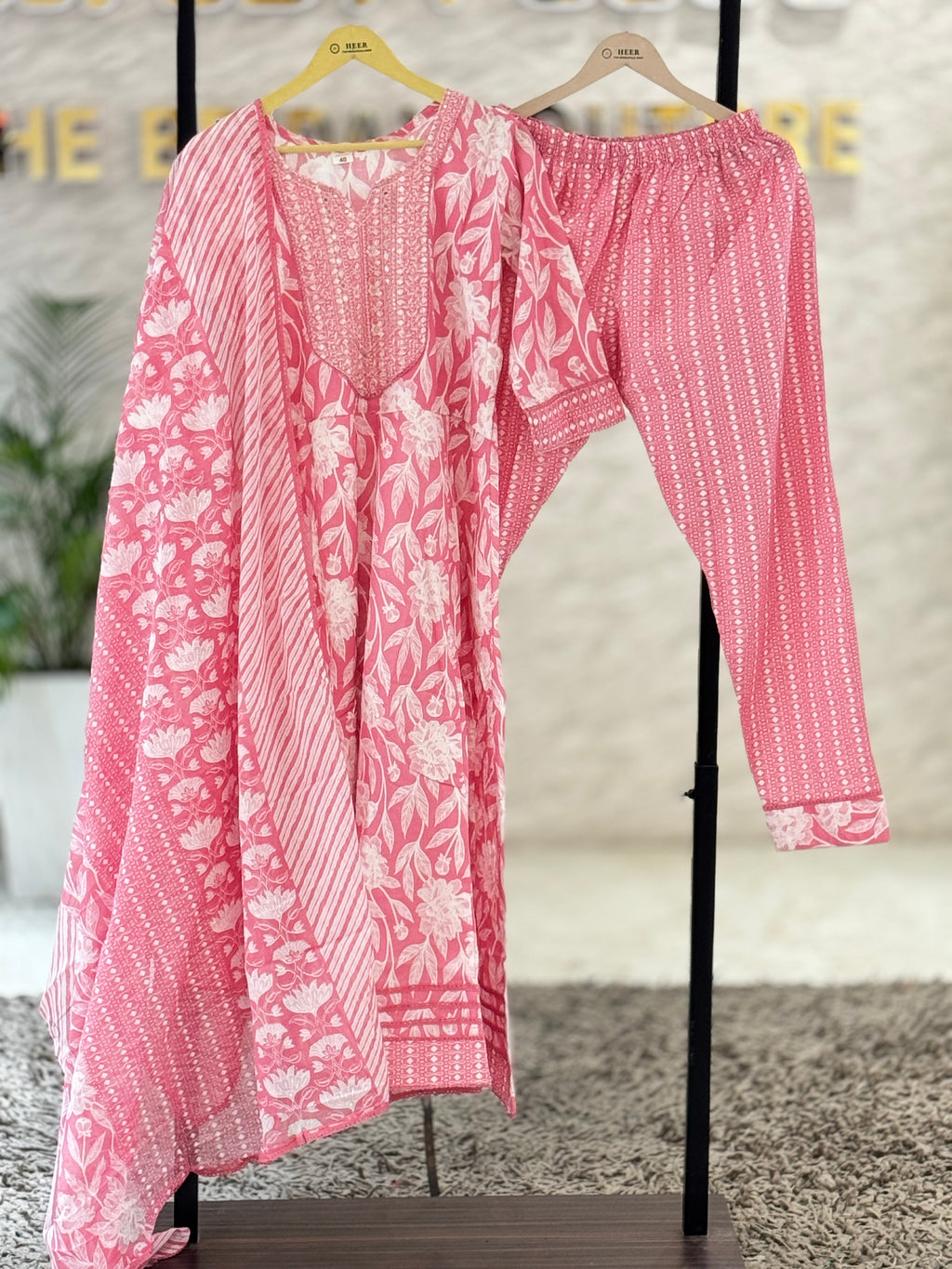 Premium Pink & White Cotton Block Print Anarkali Suit Set with Embroidered Neck & Dupatta - 3 Piece