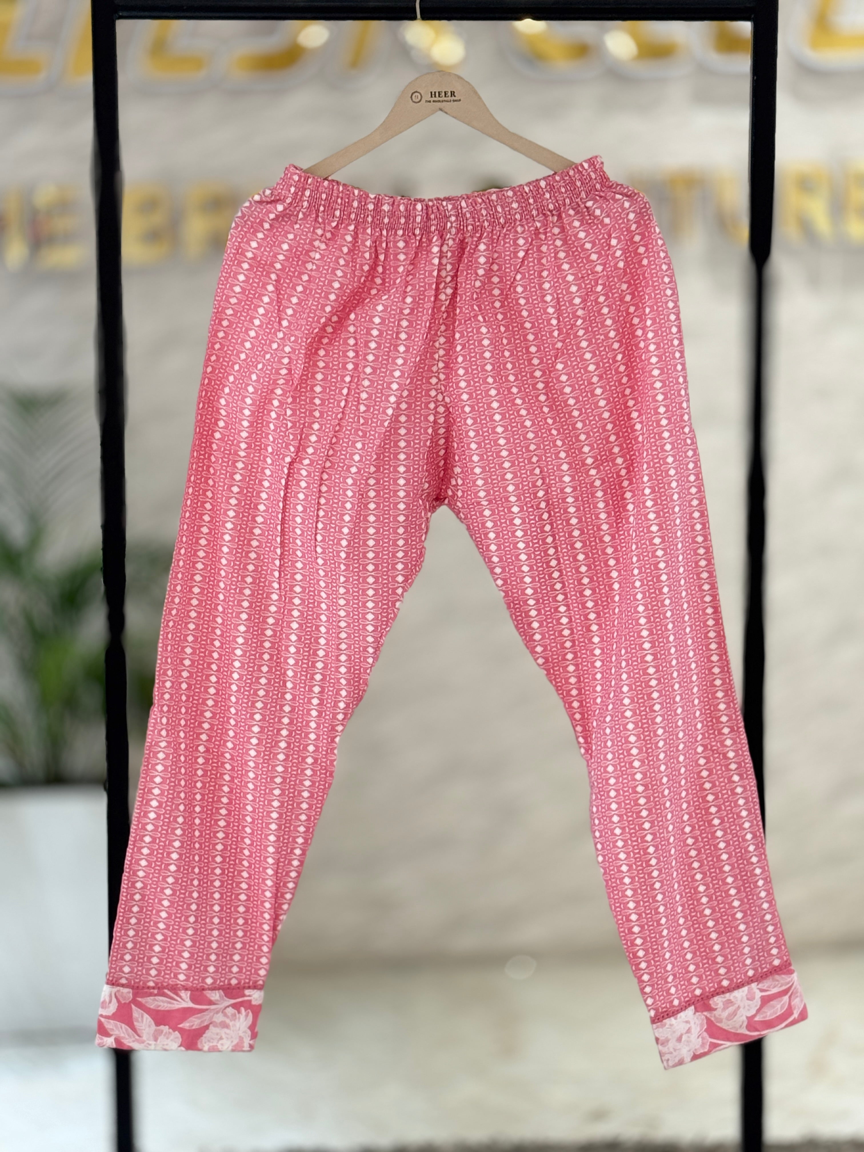 Premium Pink & White Cotton Block Print Anarkali Suit Set with Embroidered Neck & Dupatta - 3 Piece