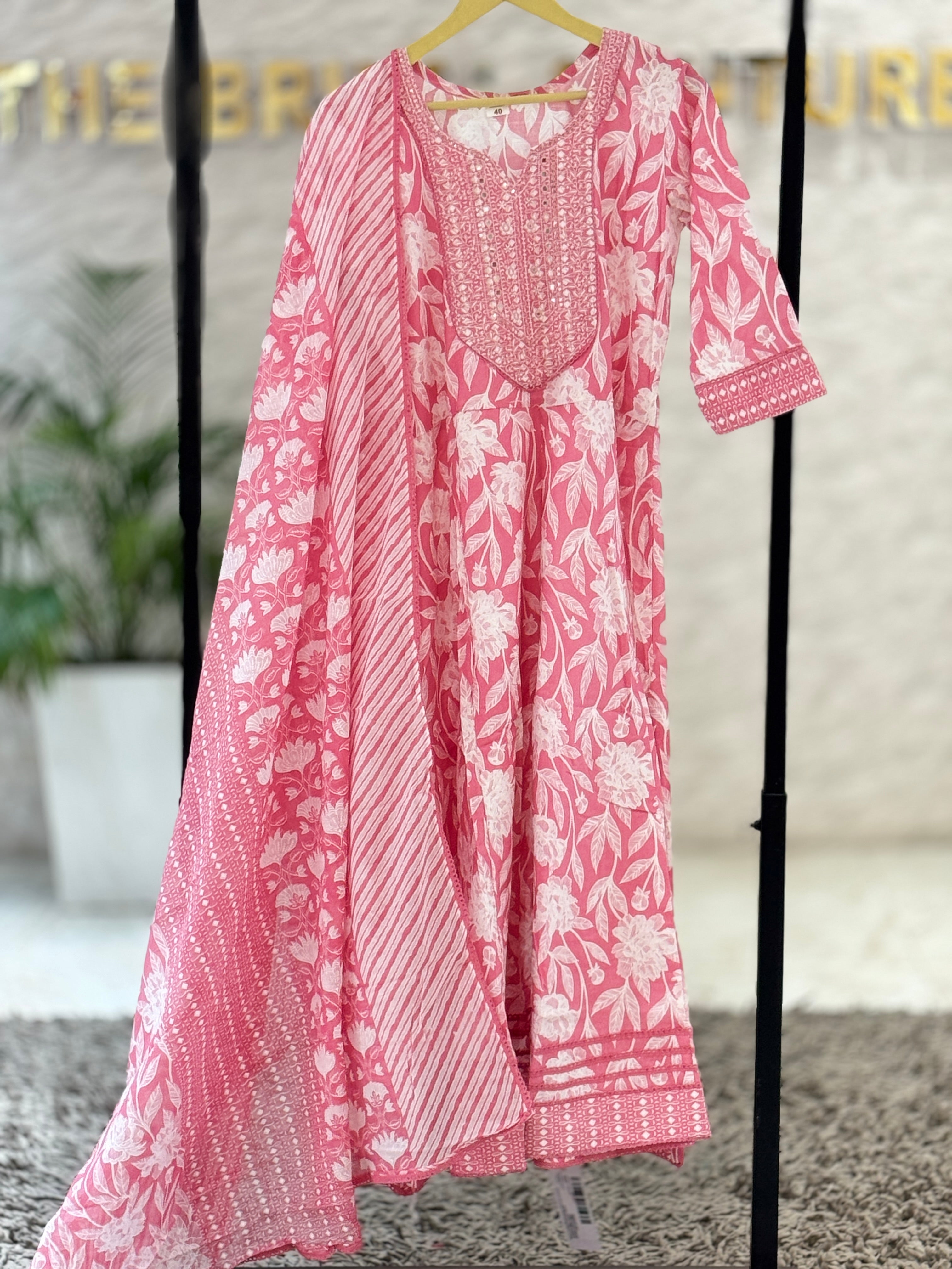 Premium Pink & White Cotton Block Print Anarkali Suit Set with Embroidered Neck & Dupatta - 3 Piece