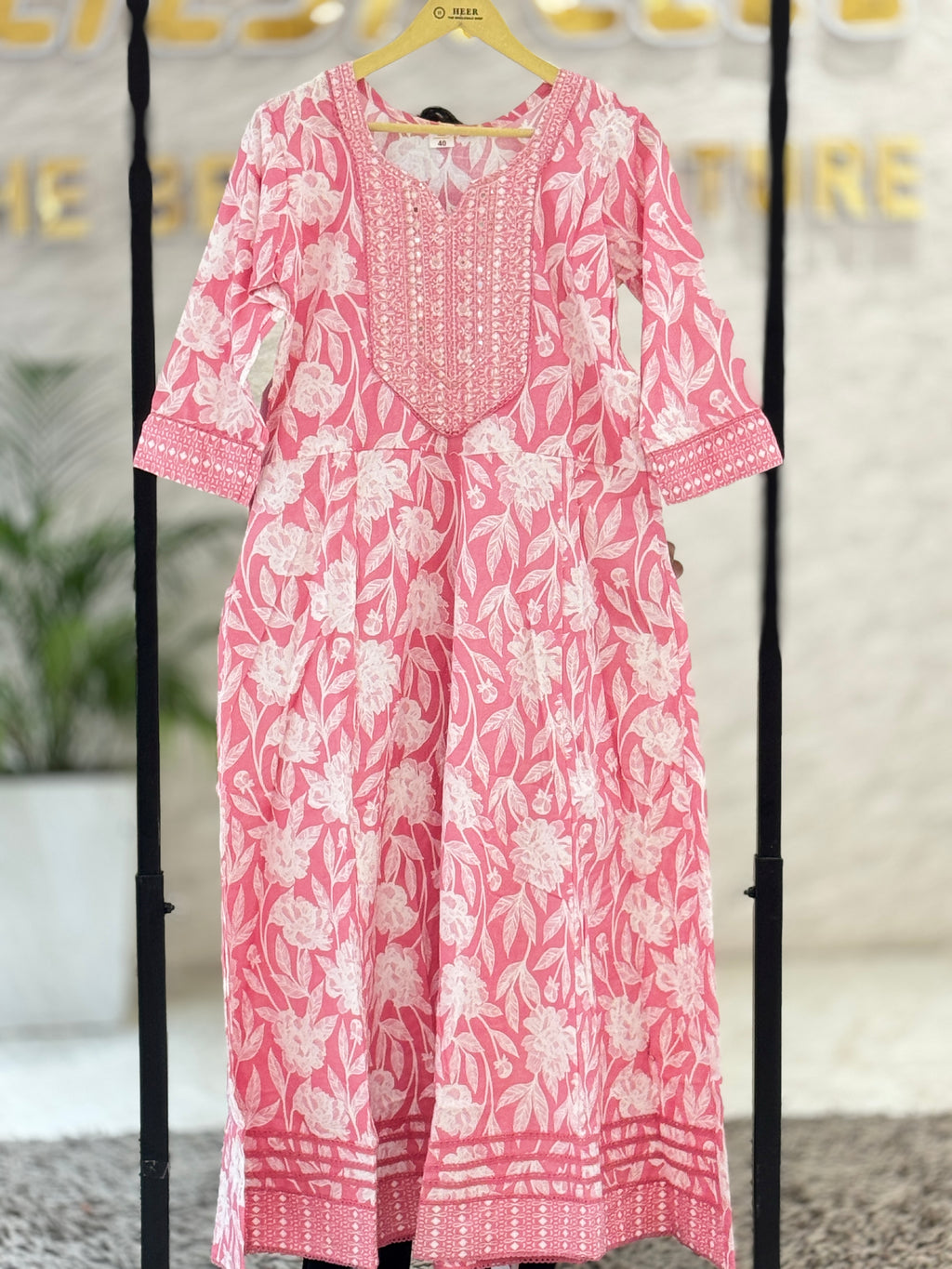 Premium Pink & White Cotton Block Print Anarkali Suit Set with Embroidered Neck & Dupatta - 3 Piece