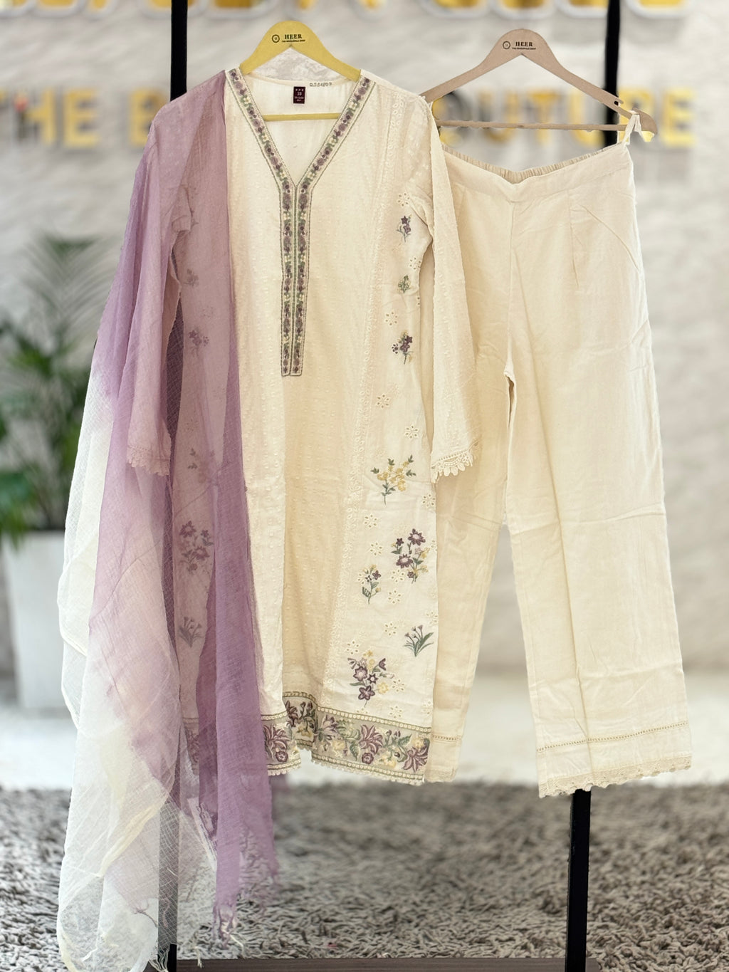 Premium Cream Cotton Suit Set with Embroidered Neck & Bottom, Ombre Dupatta q562807
