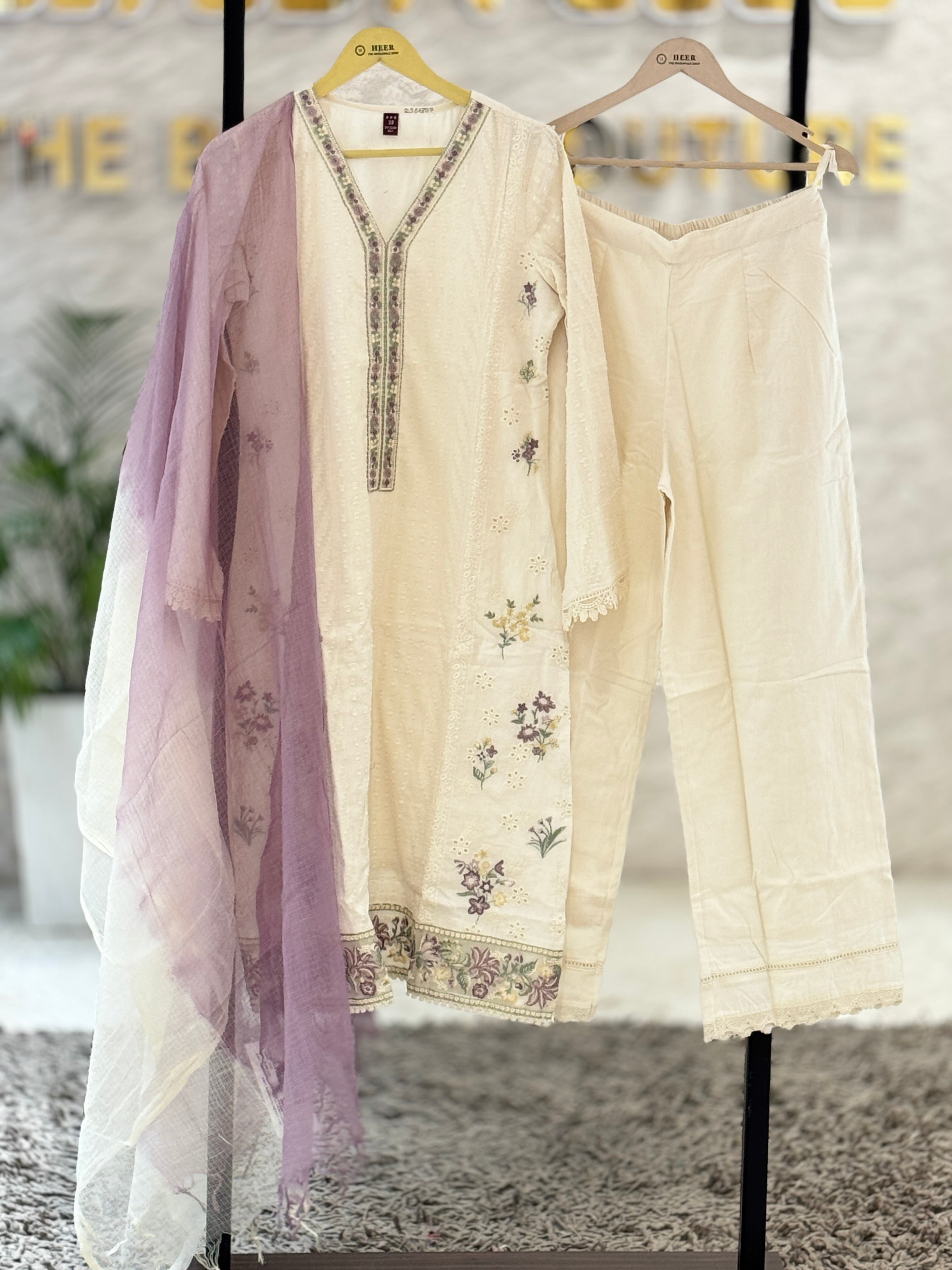 Premium Cream Cotton Suit Set with Embroidered Neck & Bottom, Ombre Dupatta q562807